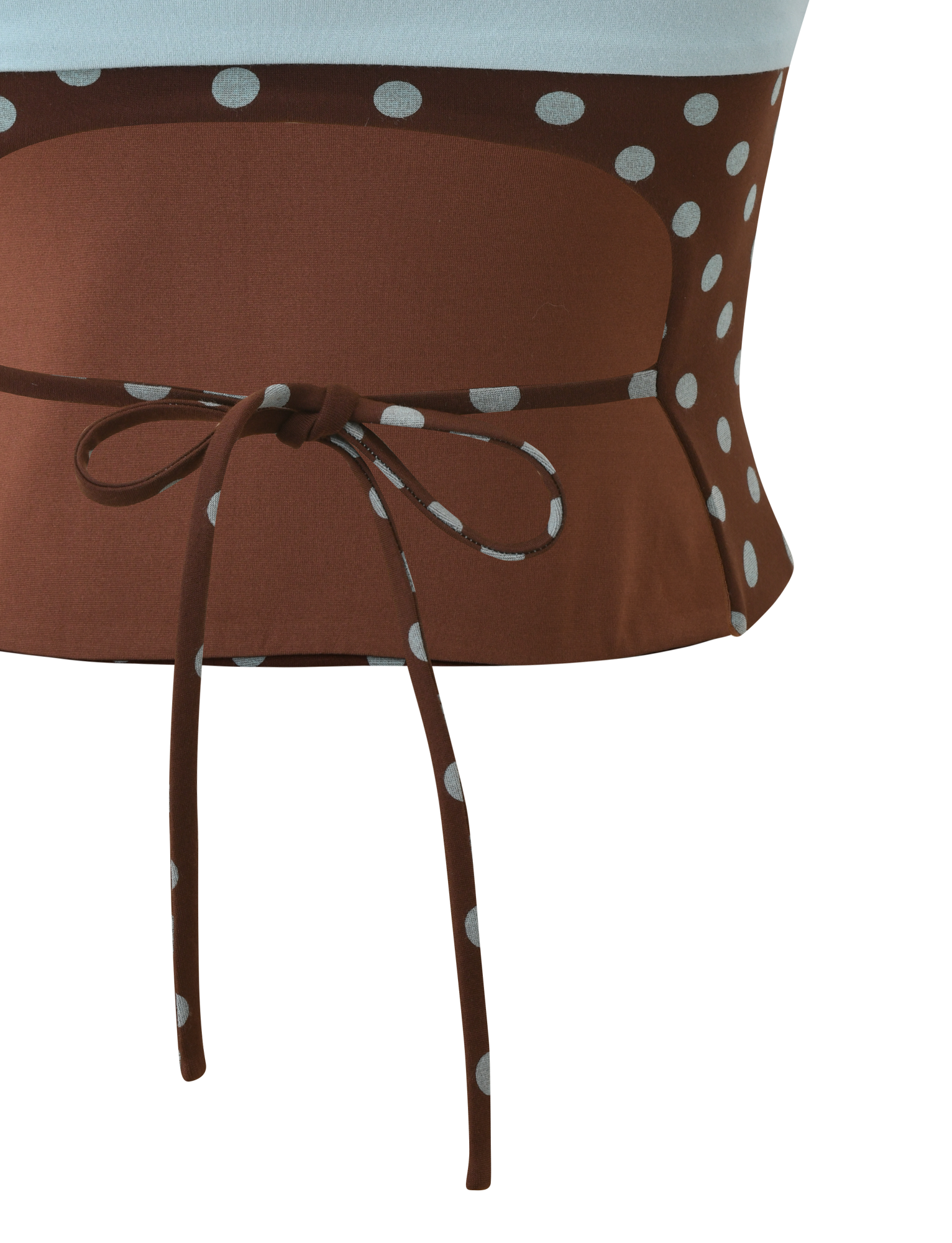 A close-up of a brown and blue polka dot fabric belt tied in a bow at the waist over a white background. Style with the TIGERMIST IMOGEN TUBE TOP - BROWN AND BLUE POLKA DOT or any strapless top.