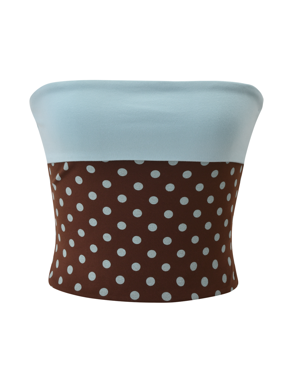 The TIGERMIST IMOGEN TUBE TOP - BROWN AND BLUE POLKA DOT is a strapless top with a light blue upper and brown polka dot lower section, shown on a plain white background.