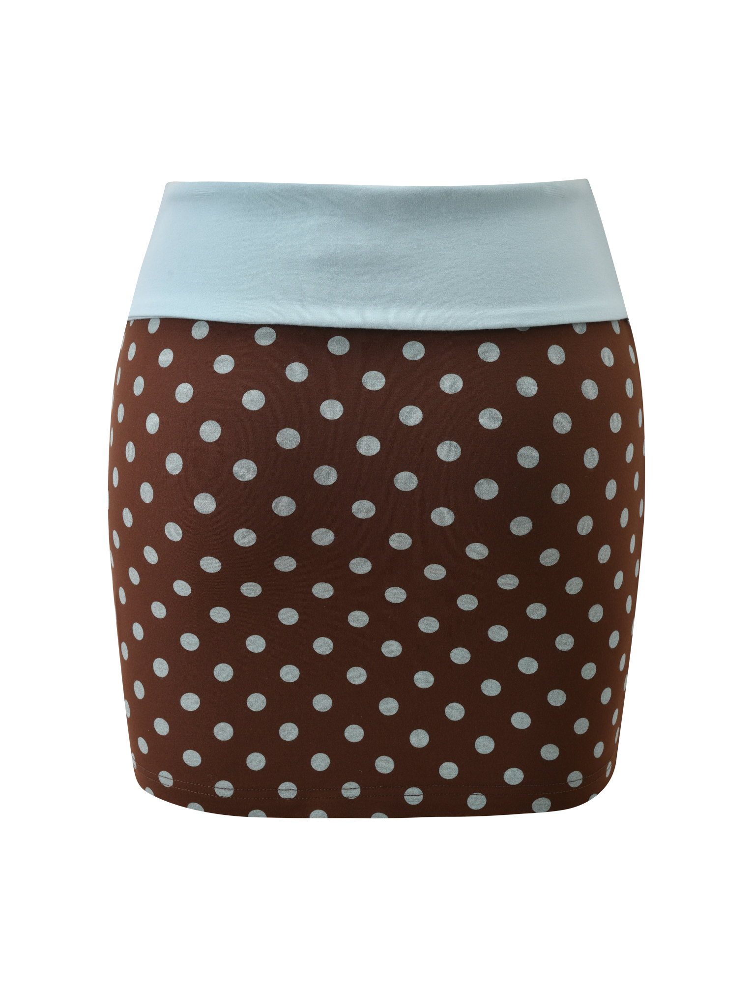 The TIGERMIST IMOGEN MINI SKIRT - BROWN AND BLUE POLKA DOT features a wide, solid light blue waistband and brown and blue polka dots, shown against a plain white background.