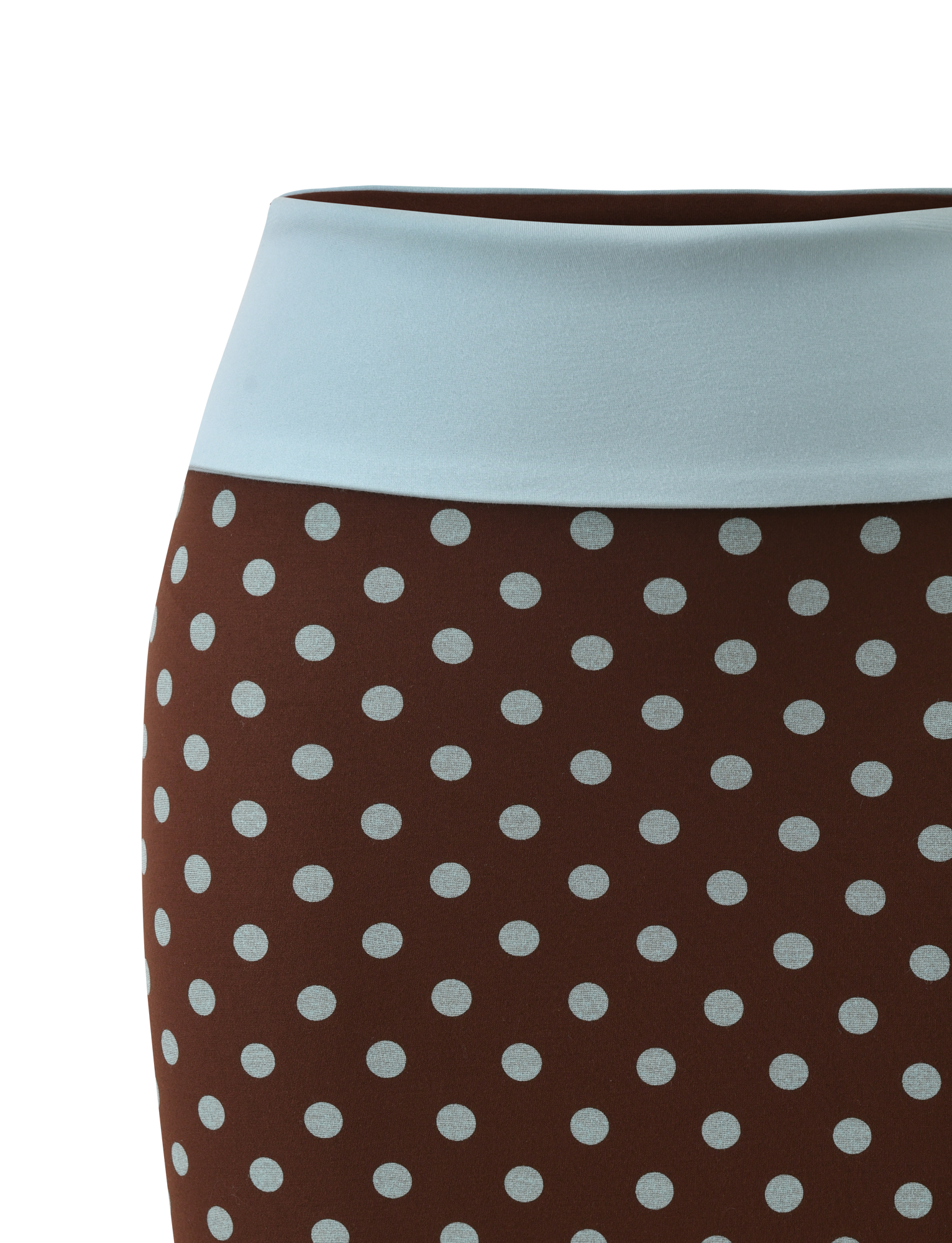 A close-up of the TIGERMIST IMOGEN MINI SKIRT - BROWN AND BLUE POLKA DOT, featuring smooth fabric, a wide light blue waistband, and evenly spaced polka dots.