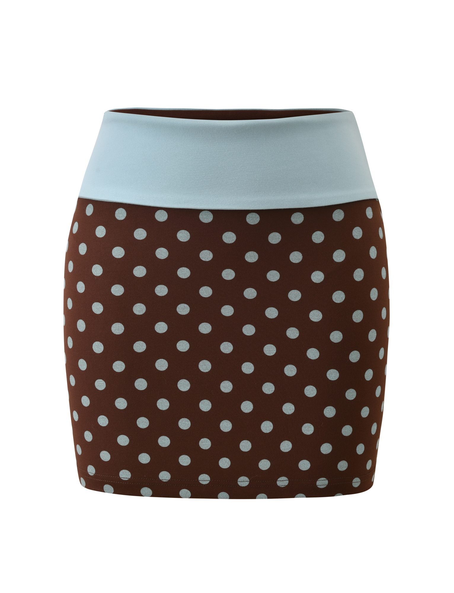 The TIGERMIST IMOGEN MINI SKIRT in brown and blue polka dot features a wide, solid light blue waistband, shown against a white background.