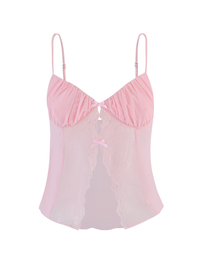 The TIGERMIST TYSON TOP in baby pink features lace front panels, thin adjustable straps, two decorative bows, and is crafted from soft, slightly sheer stretchy mesh for an elegant and feminine look.