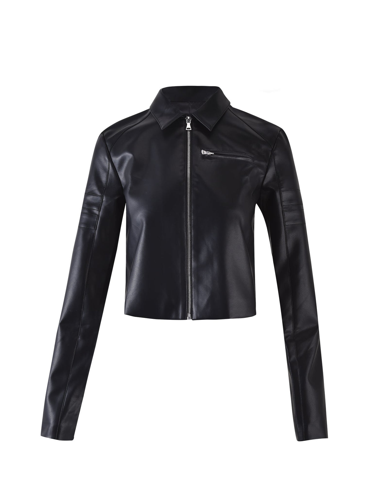 The RYDER JACKET - BLACK by TIGERMIST features a stylish faux leather design with long sleeves and a front zipper closure. It includes a small zippered chest pocket on the left side and a pointed collar, perfectly combining style and functionality.