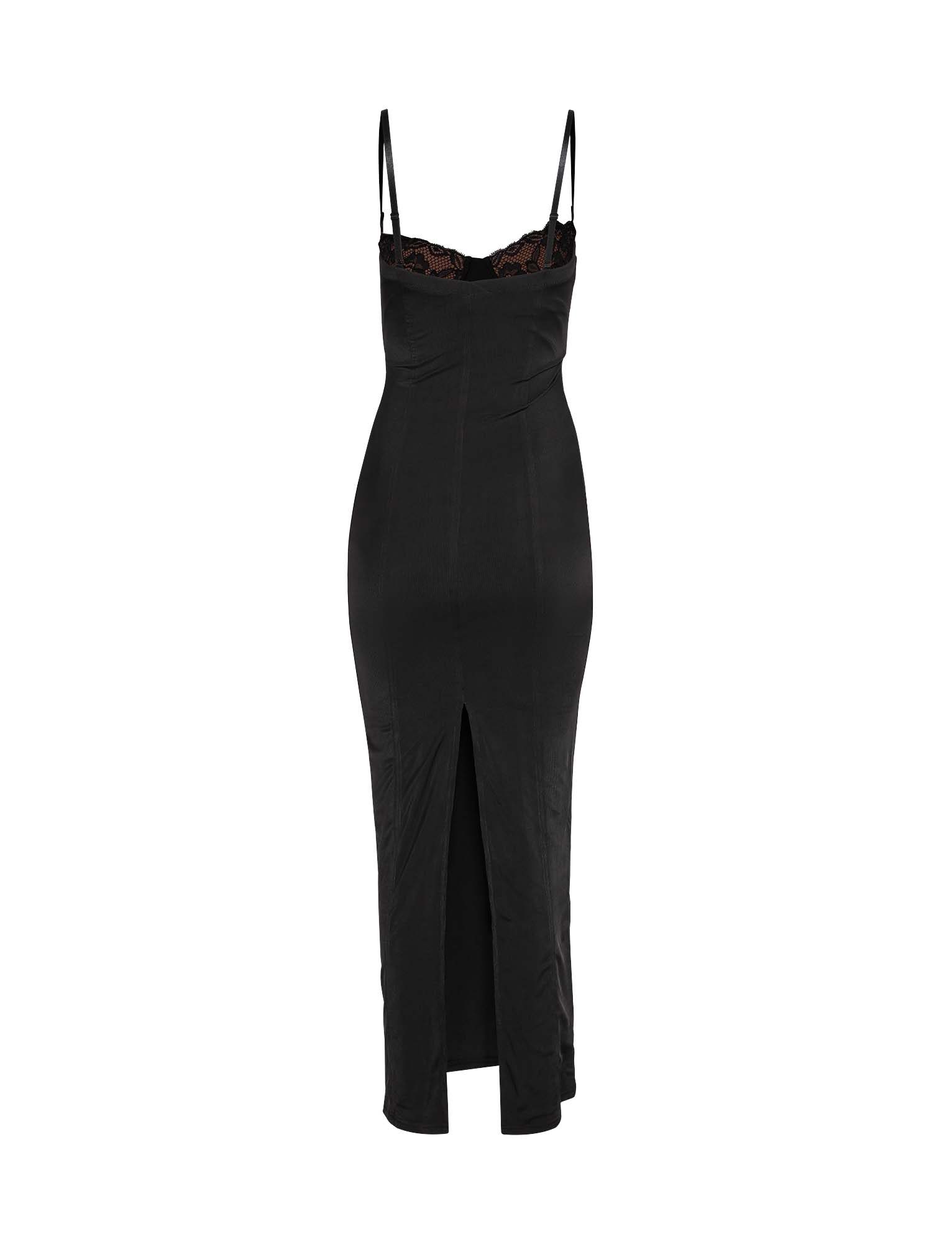 The ALLURA MAXI DRESS by TIGERMIST is a black, sleeveless bodycon dress featuring thin spaghetti straps, lace bra cups at the neckline, a fitted silhouette, front slit, and midi length, shown on a white background.