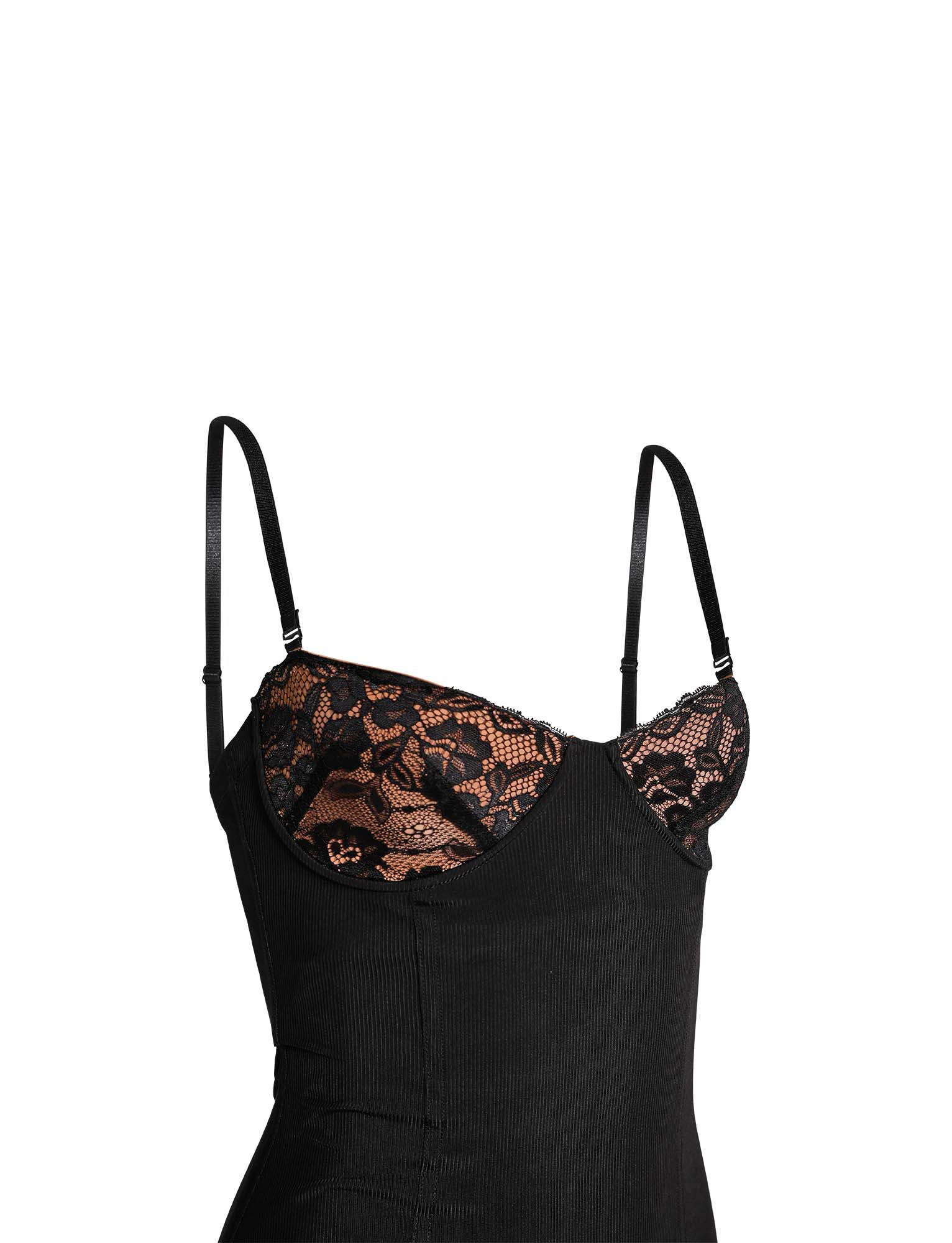 The ALLURA MAXI DRESS by TIGERMIST is a black bodycon maxi dress featuring thin adjustable straps and sheer lace bra cups over a nude-lined bust, shown against a plain white background.