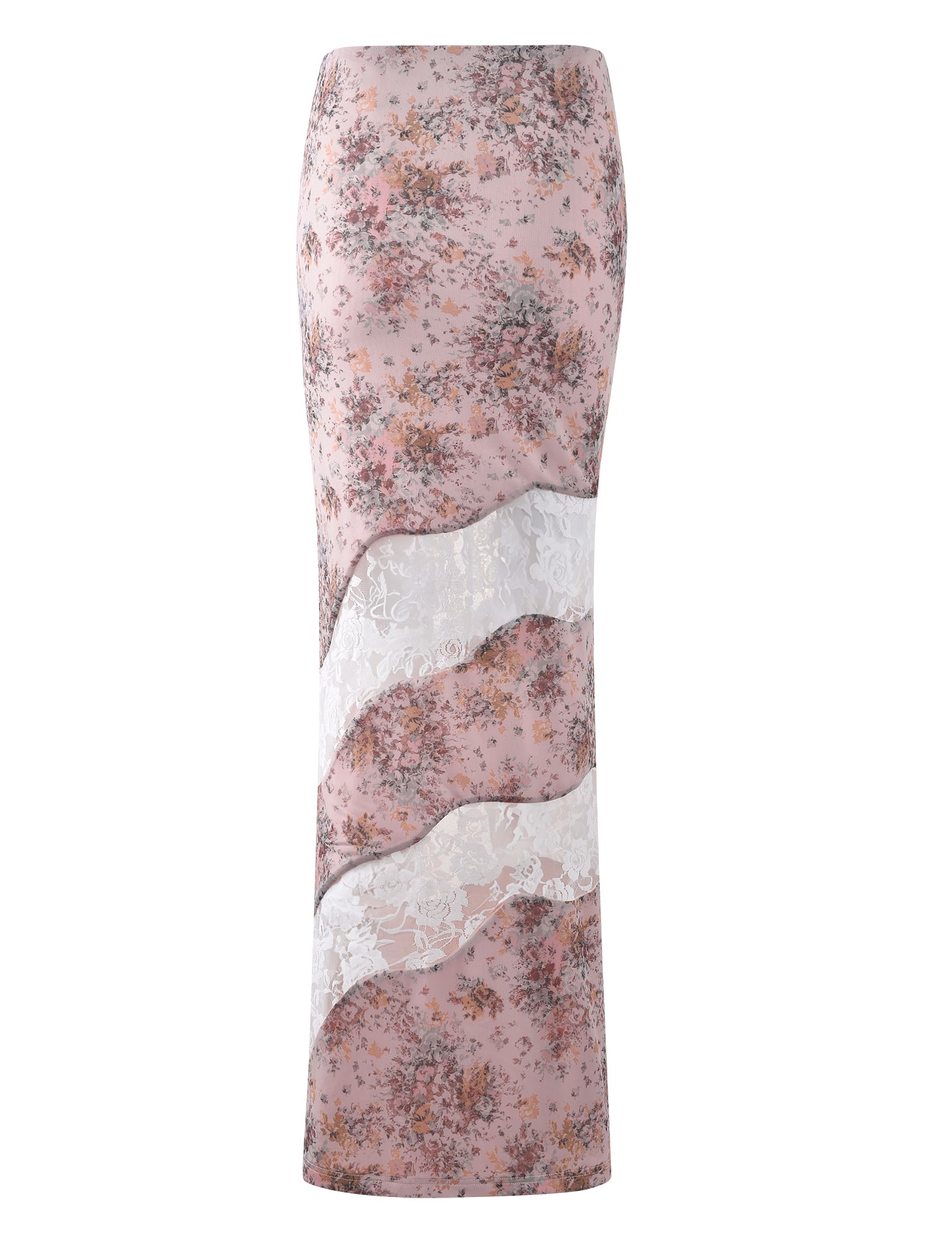 The COLSON SKIRT - PINK : CAMO FLORAL from TIGERMIST is a long, high-waisted skirt showcasing a floral print in muted pink and purple hues. The design includes two white lace inserts that create wavy patterns across the skirt, adding a delicate and elegant touch to its overall feminine style.