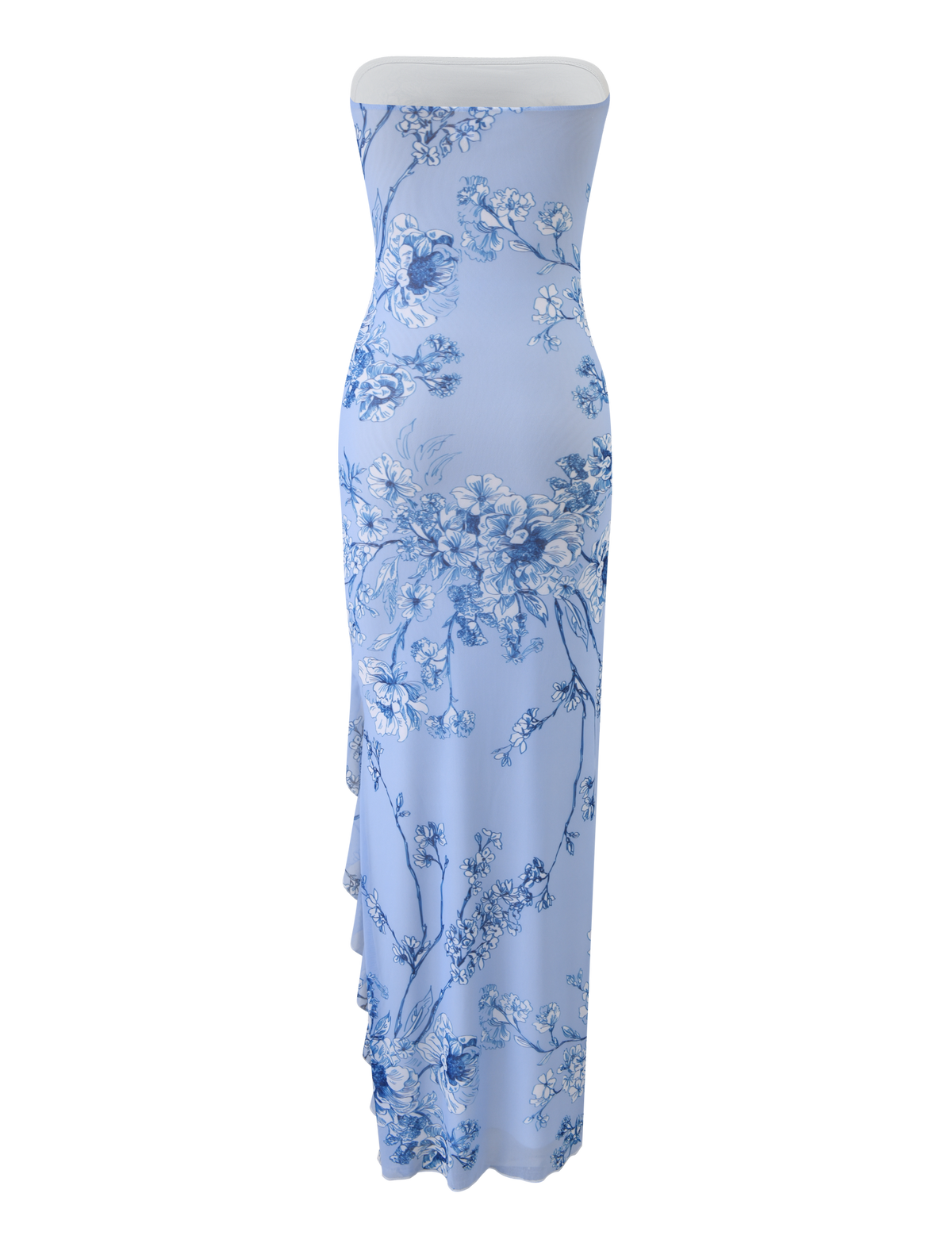 THEO MAXI DRESS - BLUE FLORAL by TIGERMIST: A strapless mesh bandeau maxi dress in light blue, featuring a fitted silhouette with blue floral print, delicate branches and blossoms, and a floor-length skirt.