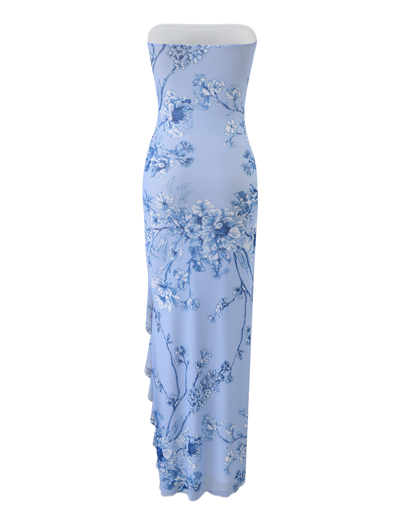 THEO MAXI DRESS - BLUE FLORAL by TIGERMIST: A strapless mesh bandeau maxi dress in light blue, featuring a fitted silhouette with blue floral print, delicate branches and blossoms, and a floor-length skirt.