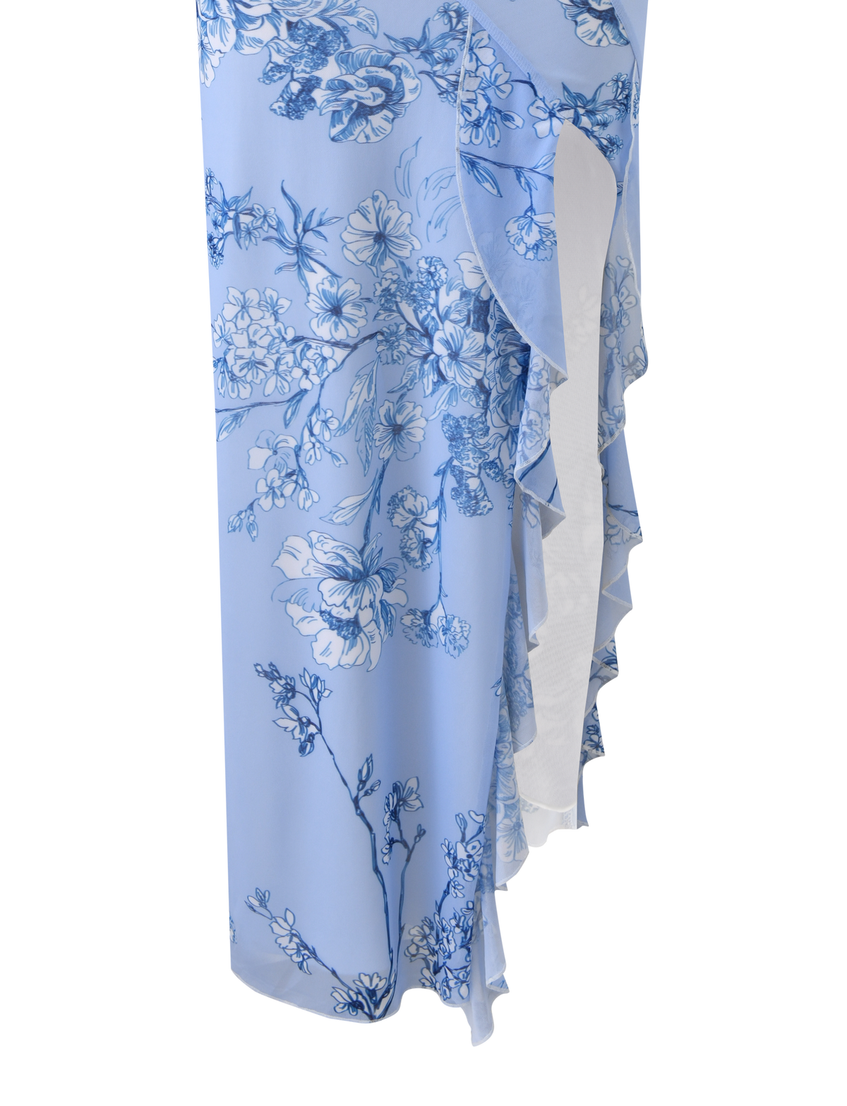 Close-up of the TIGERMIST THEO MAXI DRESS in blue floral, showcasing flowing fabric with cascading ruffle detail and a chic thigh-high split for added elegance.