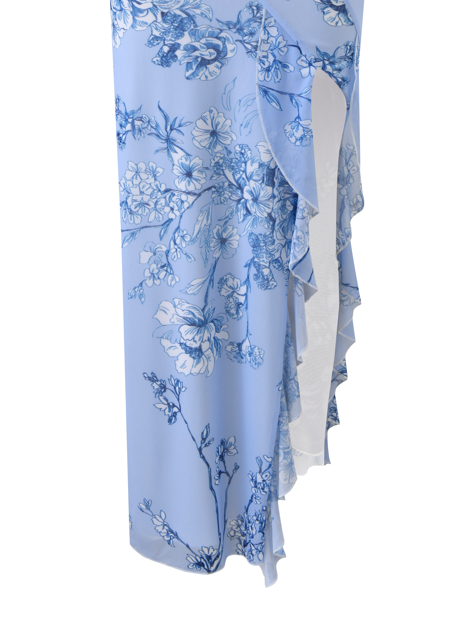 Close-up of the TIGERMIST THEO MAXI DRESS in blue floral, showcasing flowing fabric with cascading ruffle detail and a chic thigh-high split for added elegance.