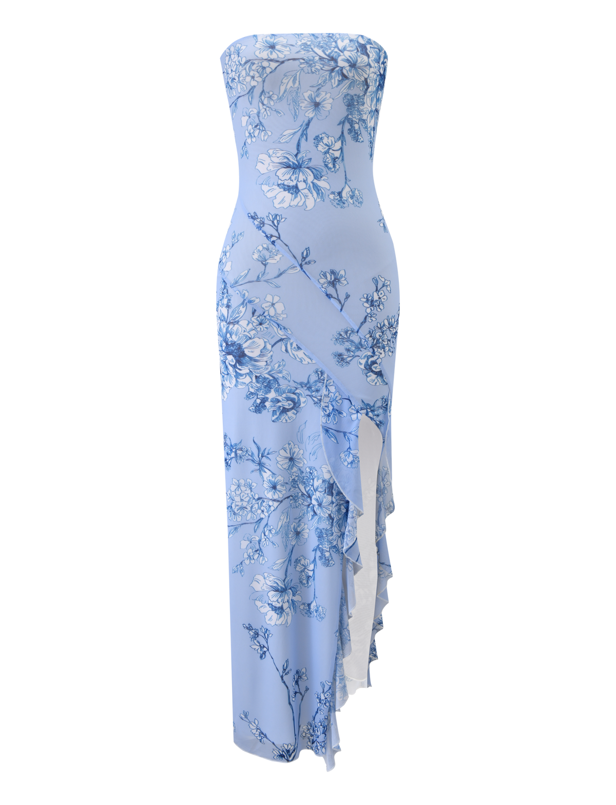 THEO MAXI DRESS by TIGERMIST is a strapless, blue floral mesh bandeau maxi featuring an asymmetrical ruffled hem and a subtle thigh-high split.