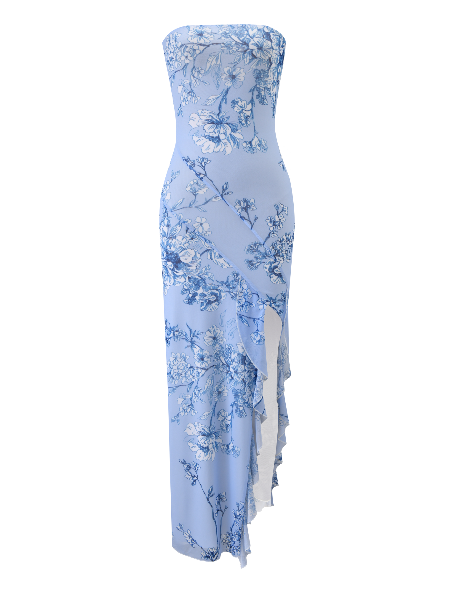 THEO MAXI DRESS by TIGERMIST is a strapless, blue floral mesh bandeau maxi featuring an asymmetrical ruffled hem and a subtle thigh-high split.