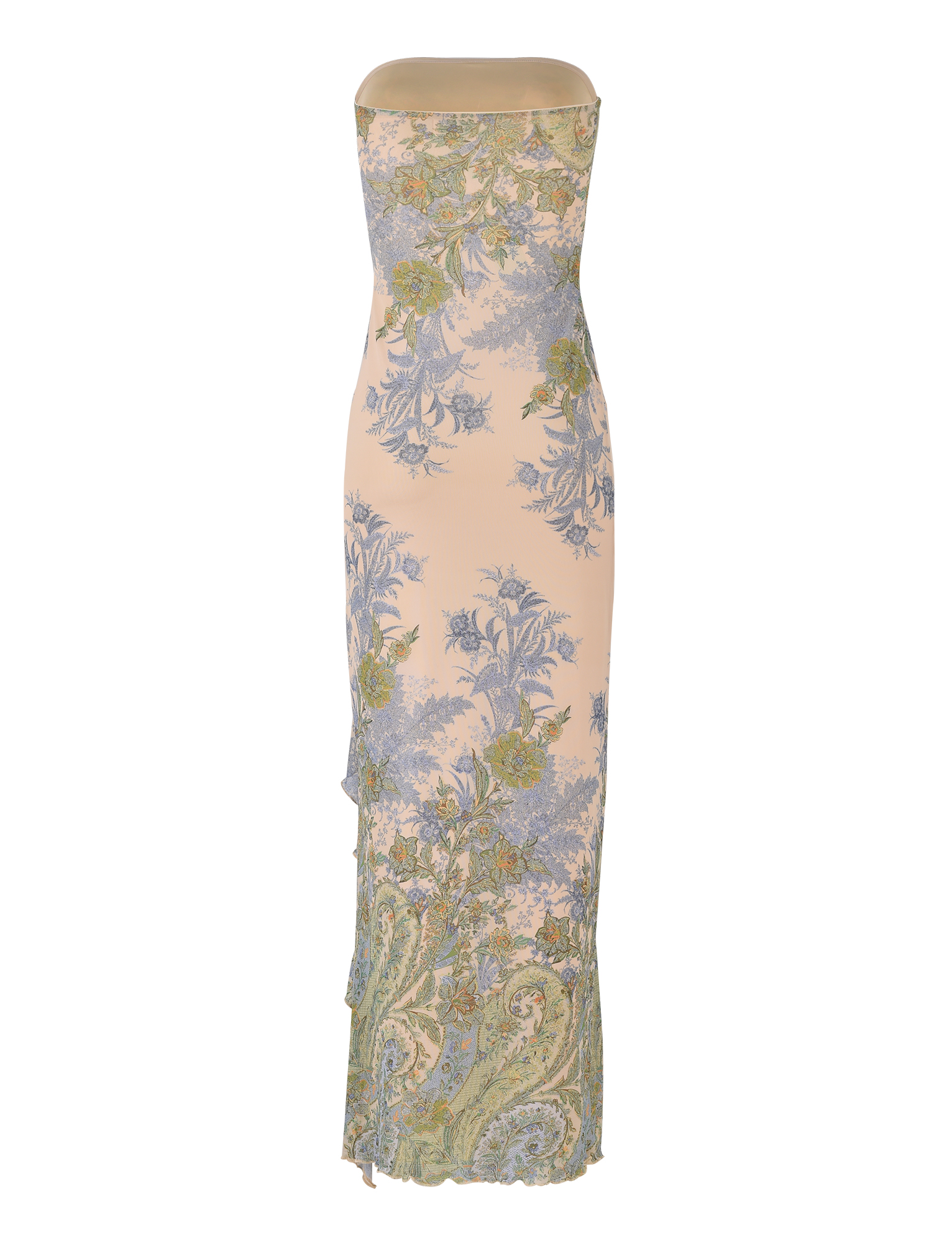 The TIGERMIST THEO MAXI DRESS - MULTI: PAISLEY: TAPESTRY is a strapless, form-fitting mesh bandeau maxi dress with a pale beige base and an intricate blue, green, and yellow floral pattern, falling straight to the ankles.
