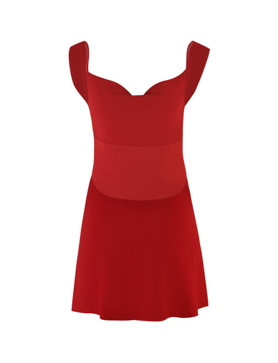 Introducing the TIGERMIST Morana Mini Dress in Cherry Red: a sleeveless delight featuring a vibrant red hue, sweetheart neckline, and flared skirt. Its elegantly fitted waist and simple design make it an ideal choice for formal or semi-formal occasions, with the plain white background emphasizing its striking mini silhouette.