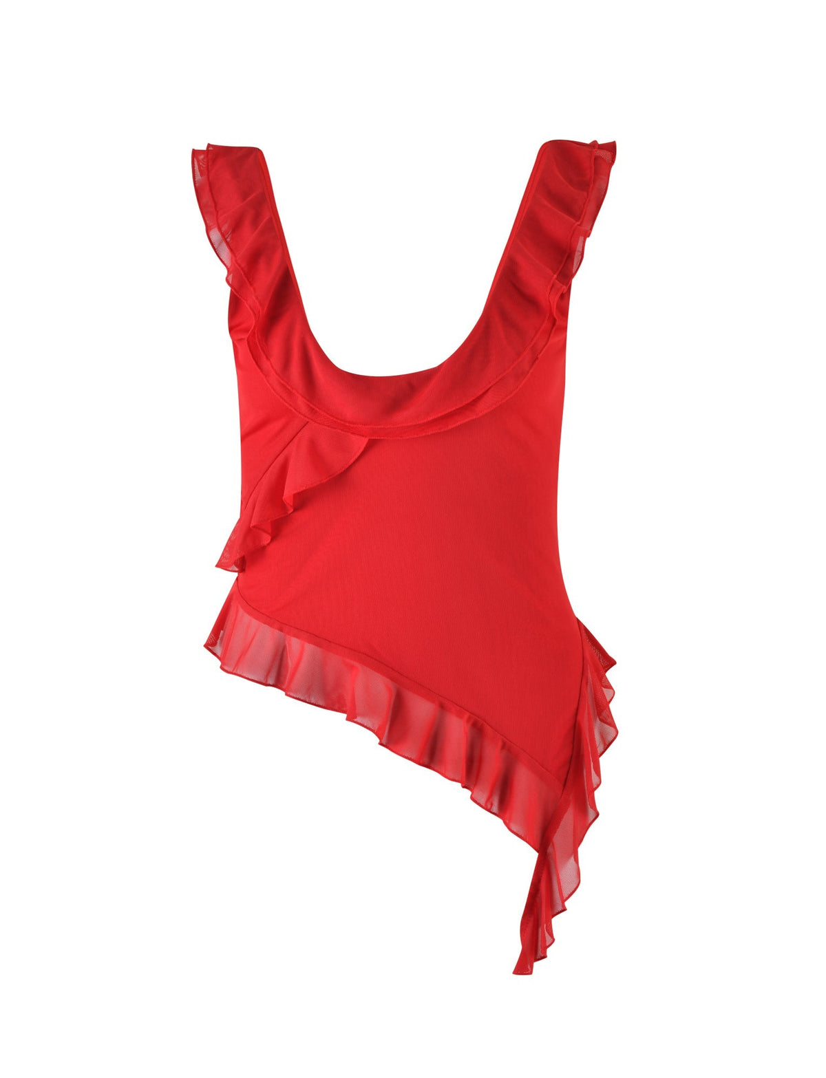 The STORMI TOP - RED by TIGERMIST showcases a scoop neckline, an asymmetrical hemline, and ruffled detailing along both the neckline and hem. These ruffles impart a touch of elegance, creating a flowing, feminine look.