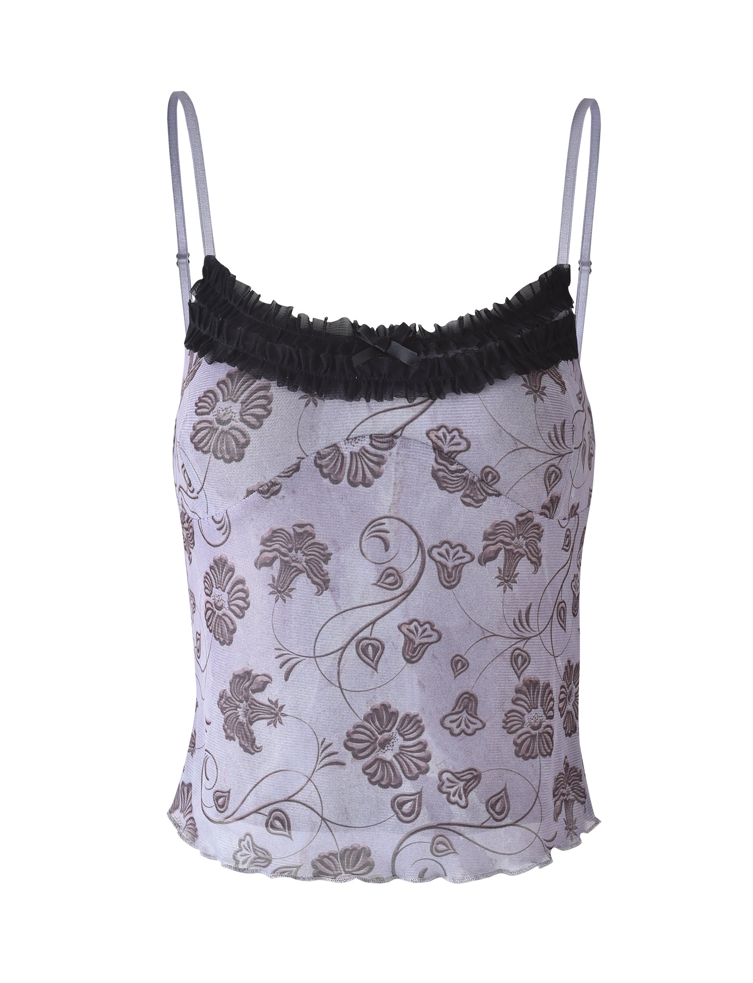 The KENSINGTON TOP - PURPLE : LAVENDER FLORAL from TIGERMIST is a light purple spaghetti strap top embellished with delicate black lace trim along the neckline. The fabric showcases an elegant floral pattern in shades of brown, complete with swirls and leaves. The hem is slightly ruffled, adding to the top's feminine appeal.