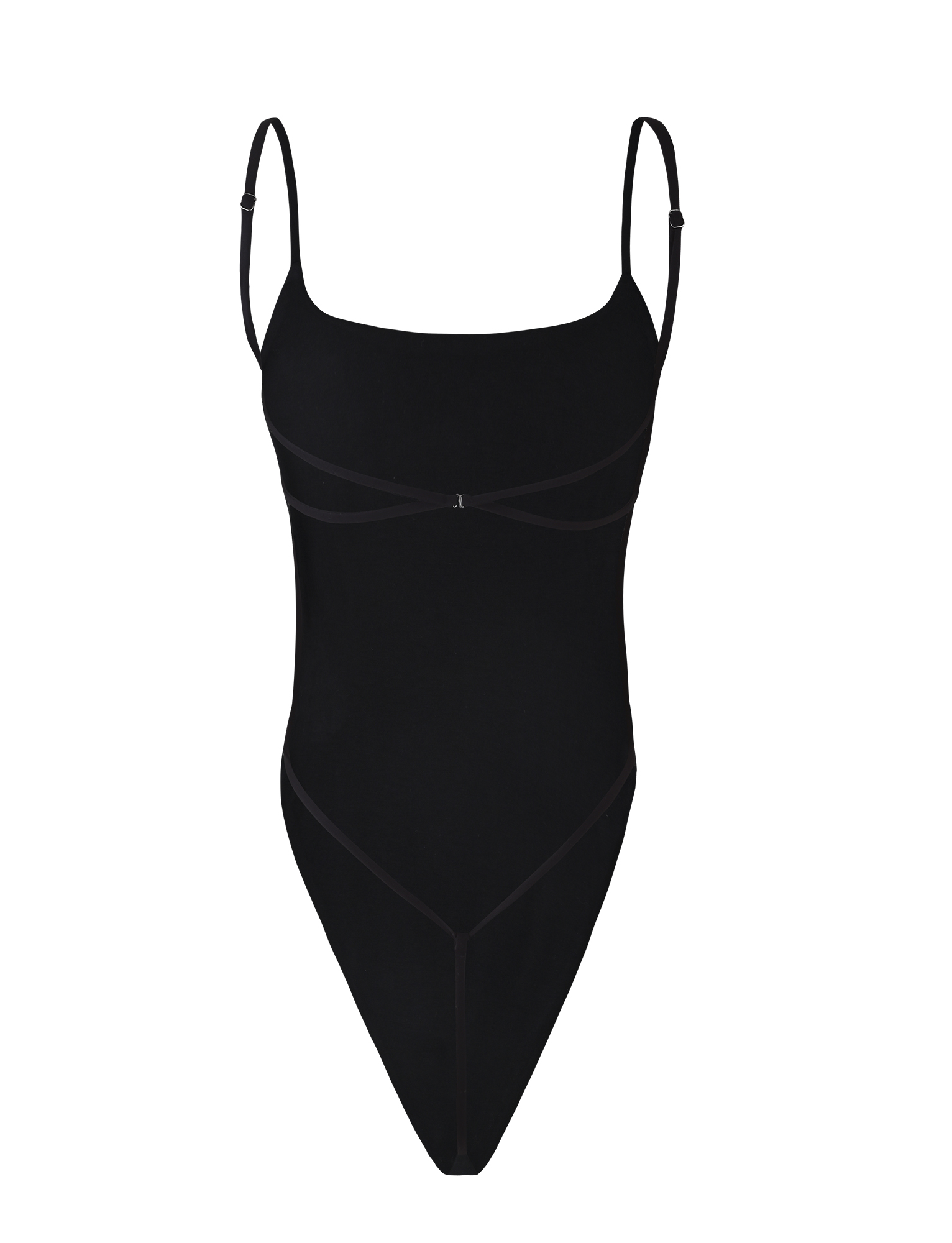 The TIGERMIST MINERVA BODYSUIT - BLACK features a sleeveless, bodycon fit with thin adjustable straps, a scoop neckline, and high-cut leg openings, shown on a white background.