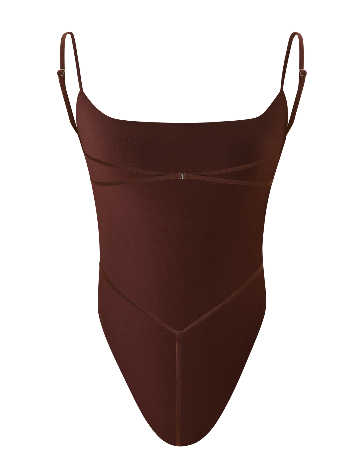 The MINERVA BODYSUIT - CHOCOLATE by TIGERMIST is a brown backless piece with thin adjustable straps, subtle front seam detailing, and a sleek G string bottom, shown against a plain white background.