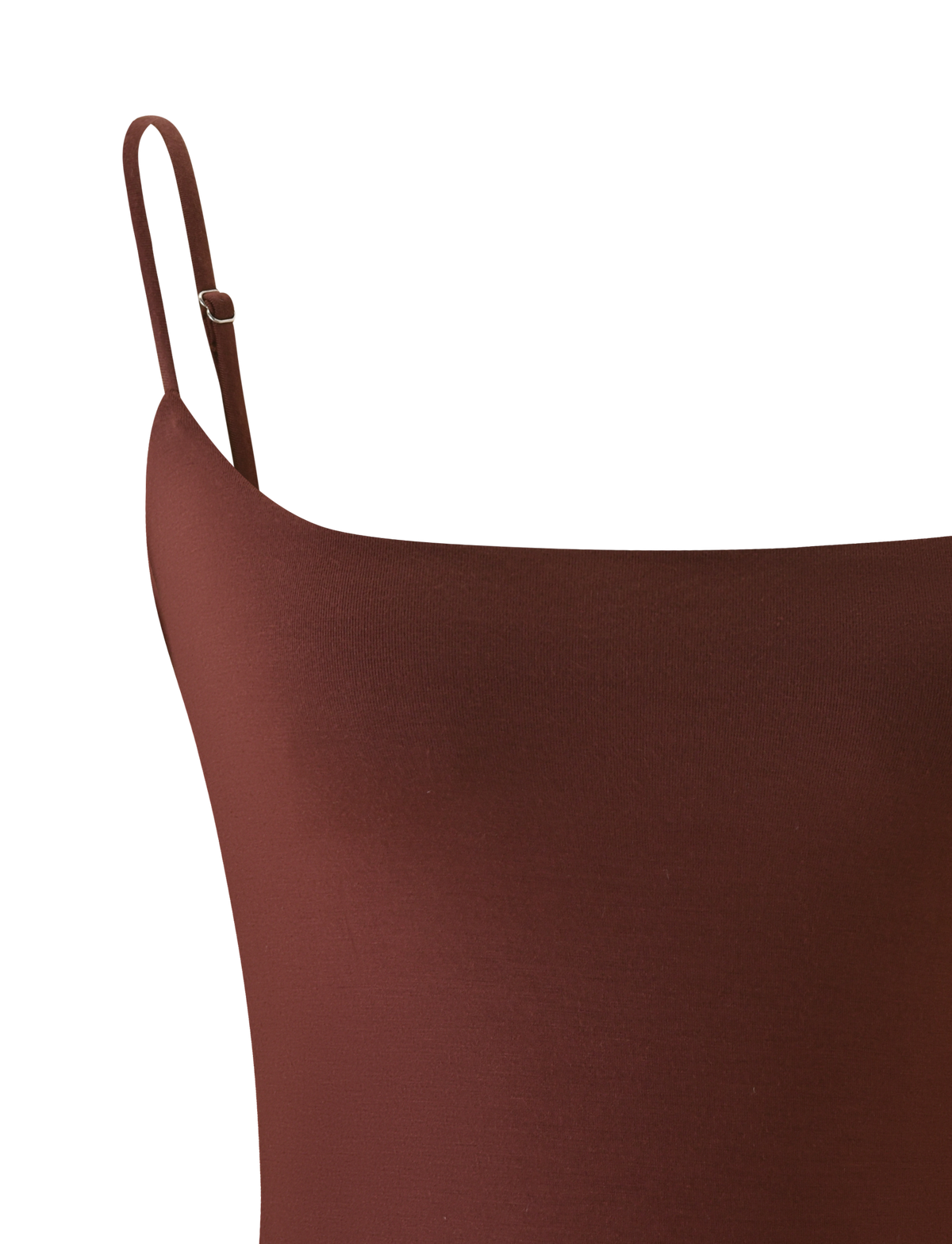 Close-up of the TIGERMIST MINERVA BODYSUIT in chocolate, featuring its fabric texture and a single thin adjustable shoulder strap, shown backless against a white background.