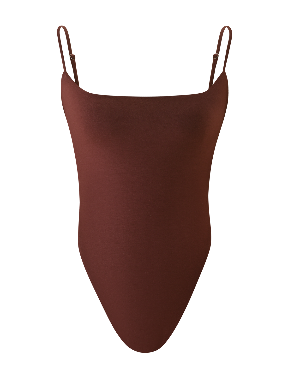 The TIGERMIST MINERVA BODYSUIT in chocolate is a sleeveless piece with thin adjustable straps, high-cut leg, G string bottom, and a smooth minimalist design, shown against a white background.