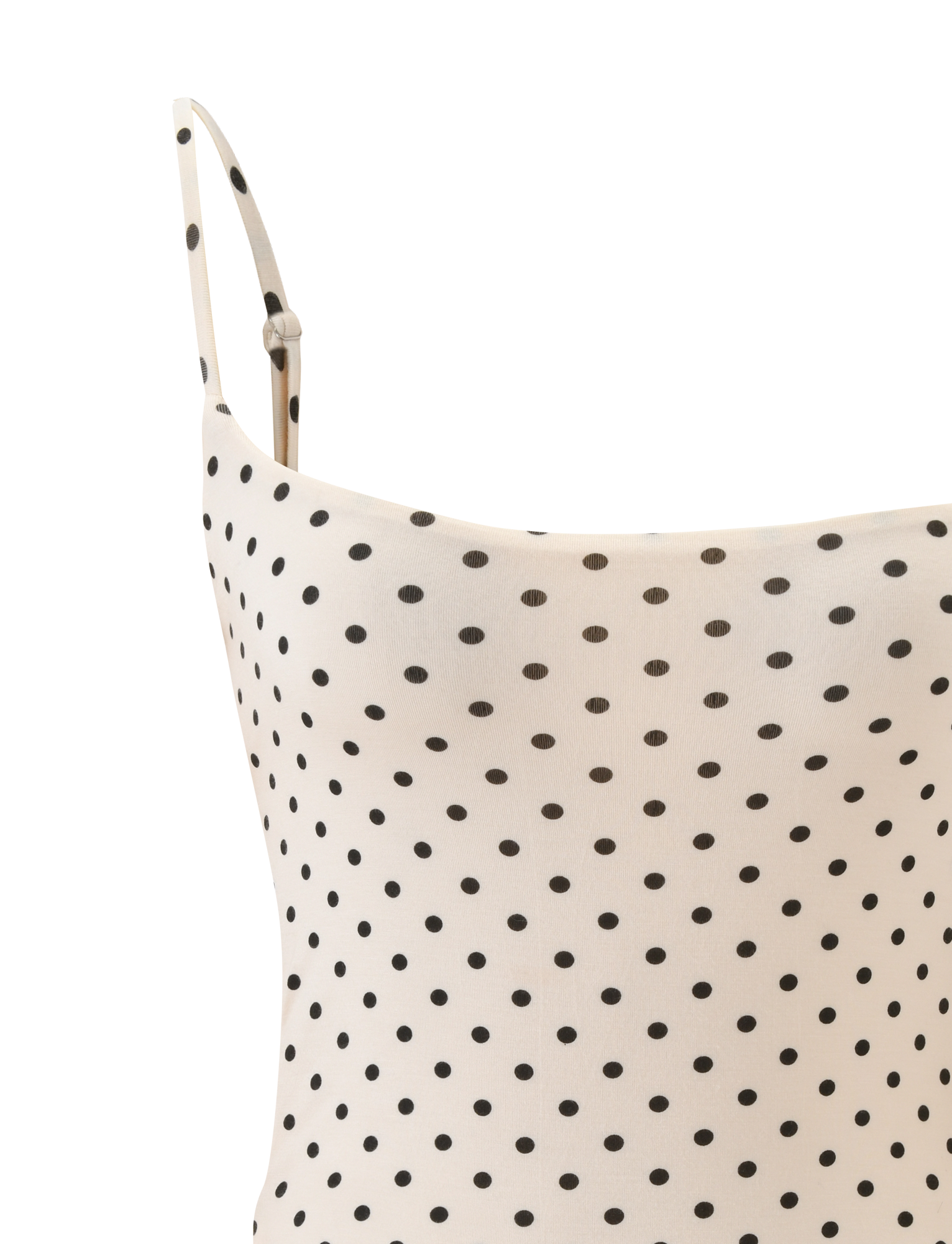 Close-up of the TIGERMIST MINERVA BODYSUIT - CREAM DOT featuring black polka dots, a thin adjustable shoulder strap, and smooth lightweight fabric, designed for a sleek bodycon silhouette.