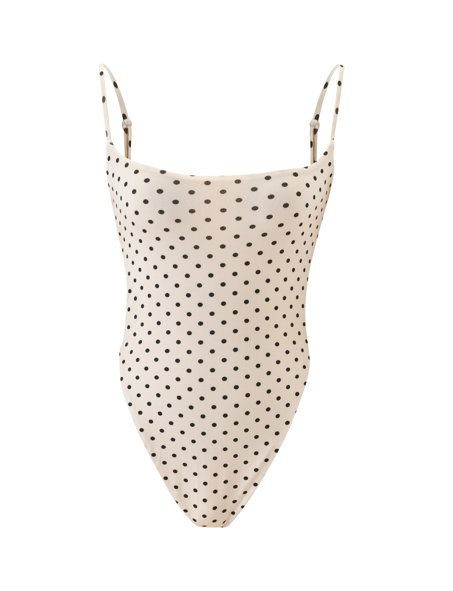 The TIGERMIST MINERVA BODYSUIT - CREAM DOT is a cream one-piece with black polka dots, thin adjustable straps, and a bodycon fit, shown on a plain white background.