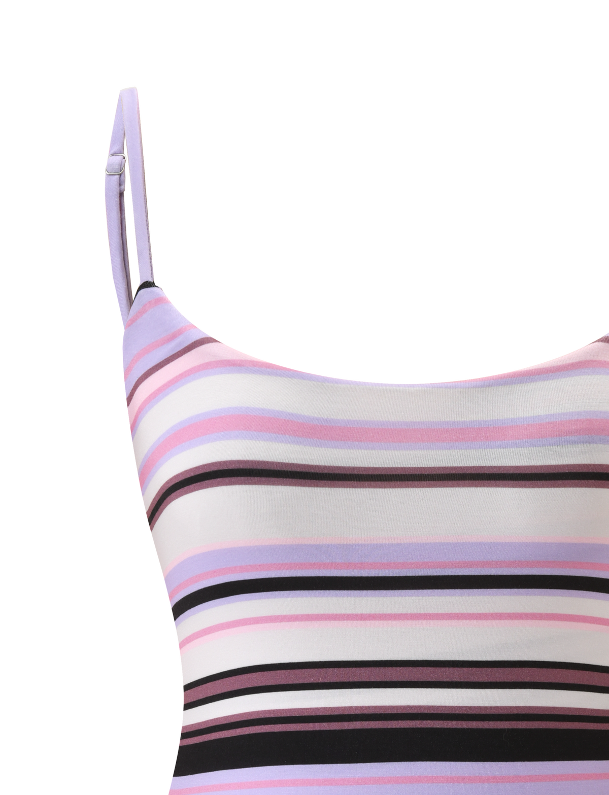 Close-up of the TIGERMIST MINERVA BODYSUIT in purple stripe, showcasing adjustable shoulder straps and horizontal pastel stripes—pink, purple, lavender, cream, and dark brown—on a white background.