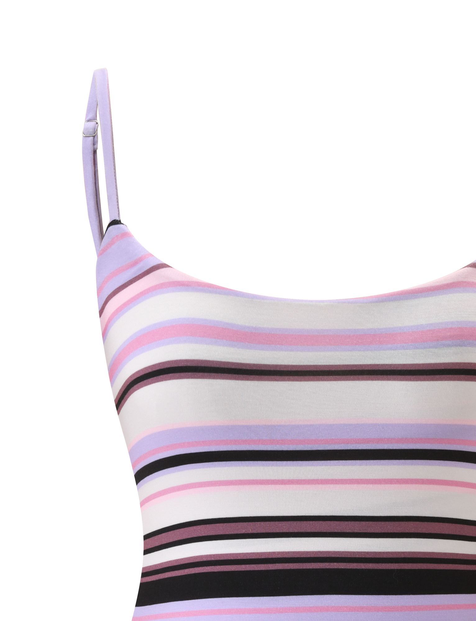 Close-up of the TIGERMIST MINERVA BODYSUIT in purple stripe, showcasing adjustable shoulder straps and horizontal pastel stripes—pink, purple, lavender, cream, and dark brown—on a white background.