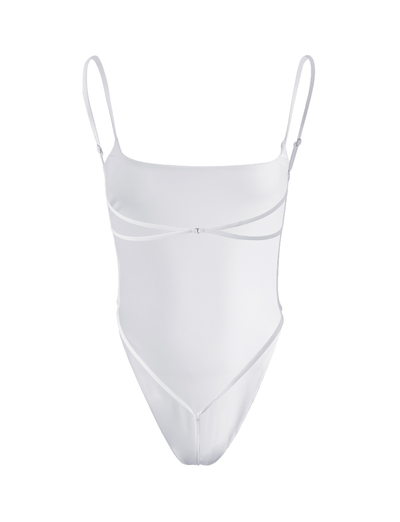 The TIGERMIST MINERVA BODYSUIT - WHITE is a sleek one-piece with thin adjustable straps, subtle seams, and a high-cut leg, offering a minimalist, bodycon fit inspired by its namesake design.