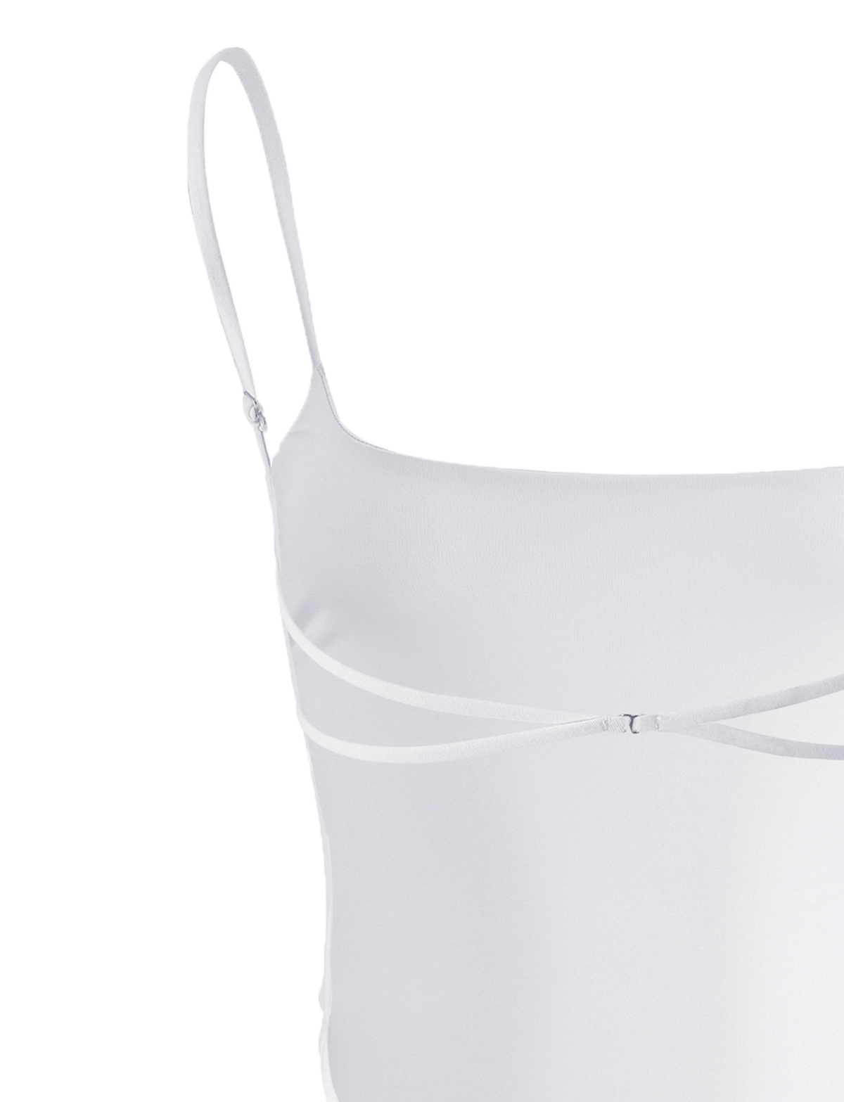 The MINERVA BODYSUIT - WHITE by TIGERMIST is sleeveless with thin spaghetti straps, a diagonal front strap detail, and a flattering bodycon fit.