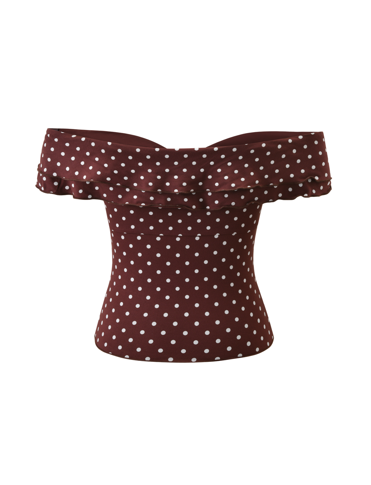 DENALI TOP - BROWN DOT by TIGERMIST, an off-shoulder top in brown with white polka dots, features a ruffled neckline and is crafted from soft modal fabric. Shown against a plain white background.