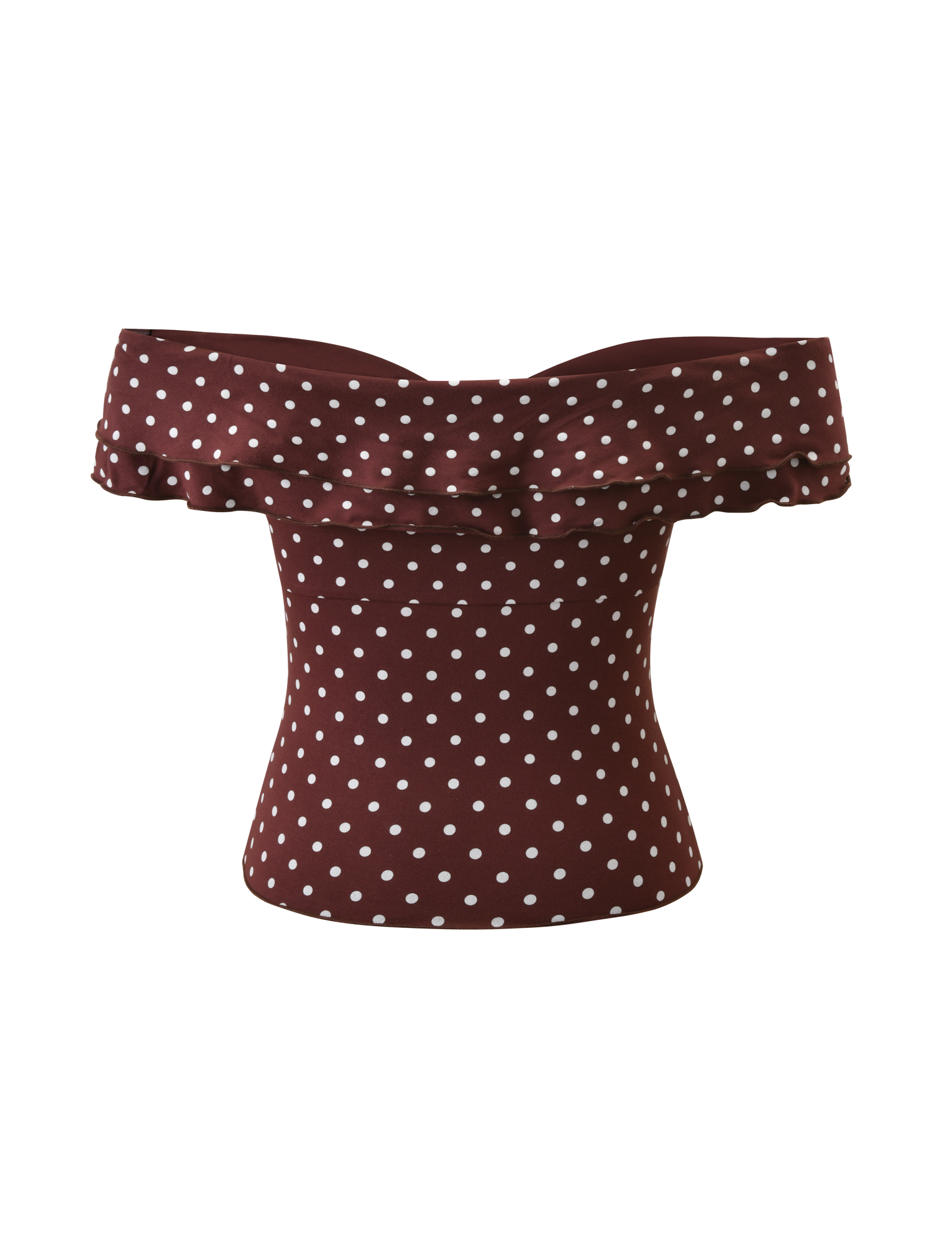 The DENALI TOP - BROWN DOT by TIGERMIST is an off-the-shoulder polka dot top in soft modal with a brown base, white dots, and a ruffled neckline, shown on a plain white background.
