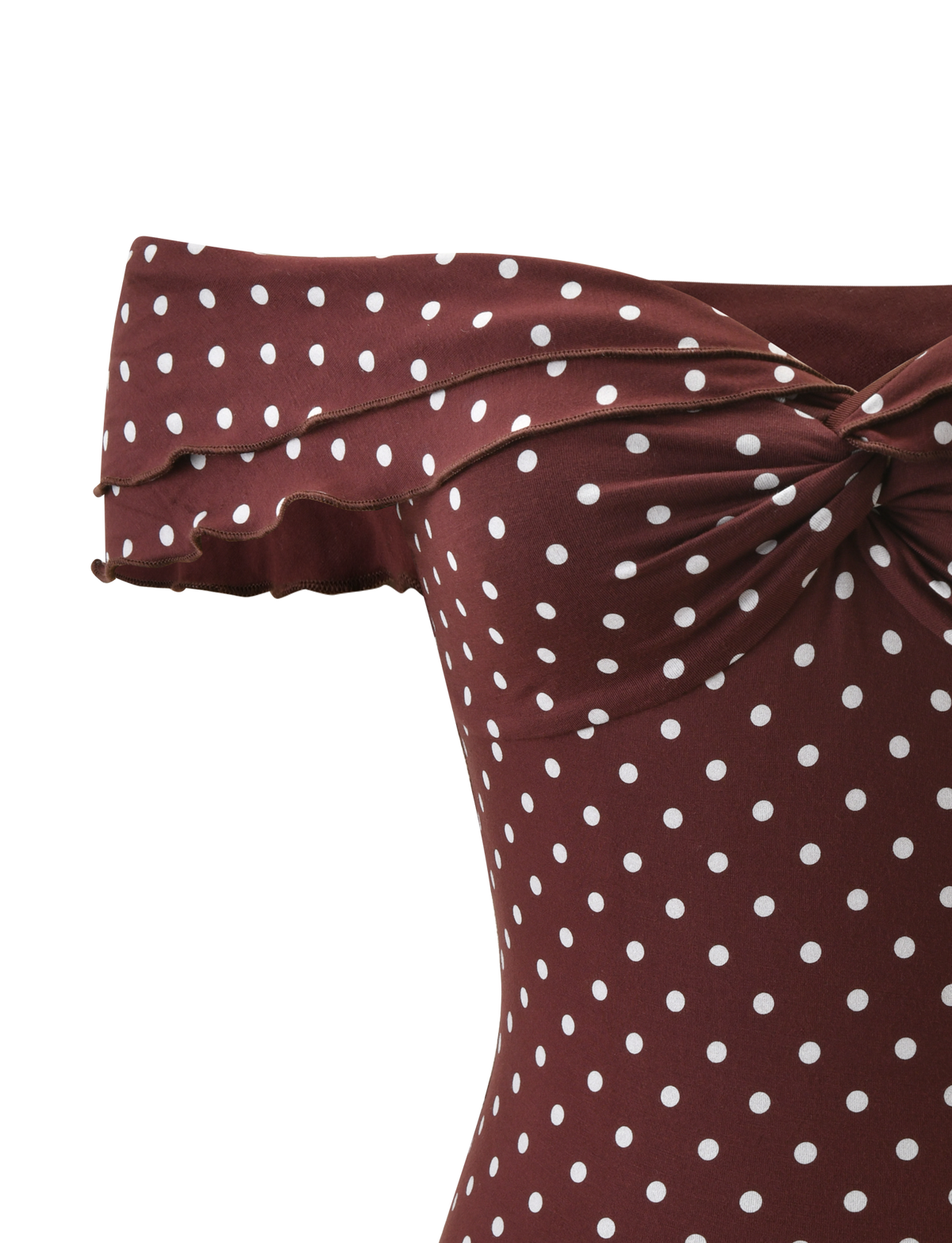 Close-up of the DENALI TOP - BROWN DOT by TIGERMIST, featuring a brown off-the-shoulder design with white polka dots. Crafted from soft modal fabric, the top showcases a front knot detail and delicately ruffled sleeves against a plain background.