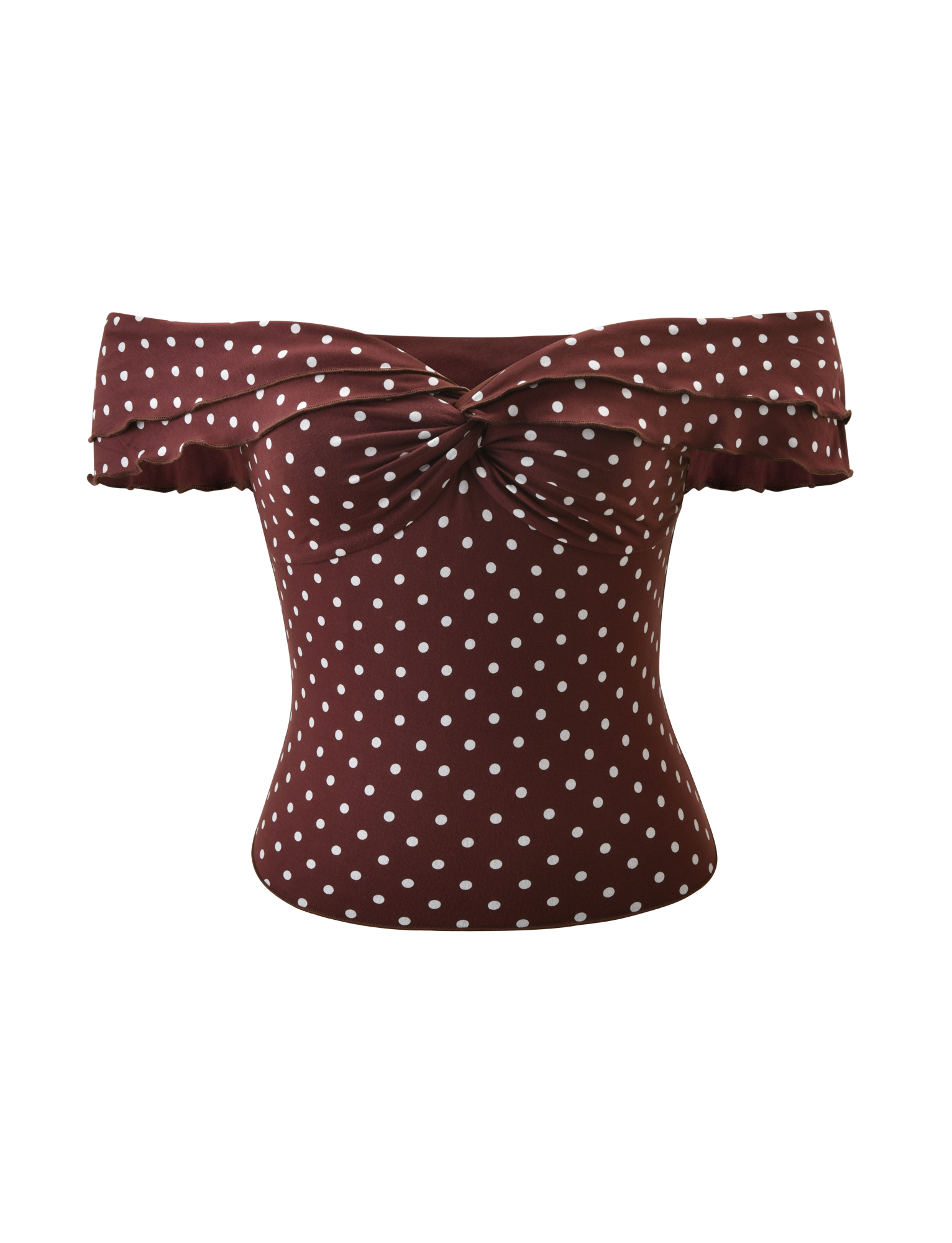 The DENALI TOP - BROWN DOT by TIGERMIST is an off-the-shoulder maroon top adorned with white polka dots, showcasing a front twist knot detail and short ruffled sleeves, made from soft modal fabric for all-day comfort.