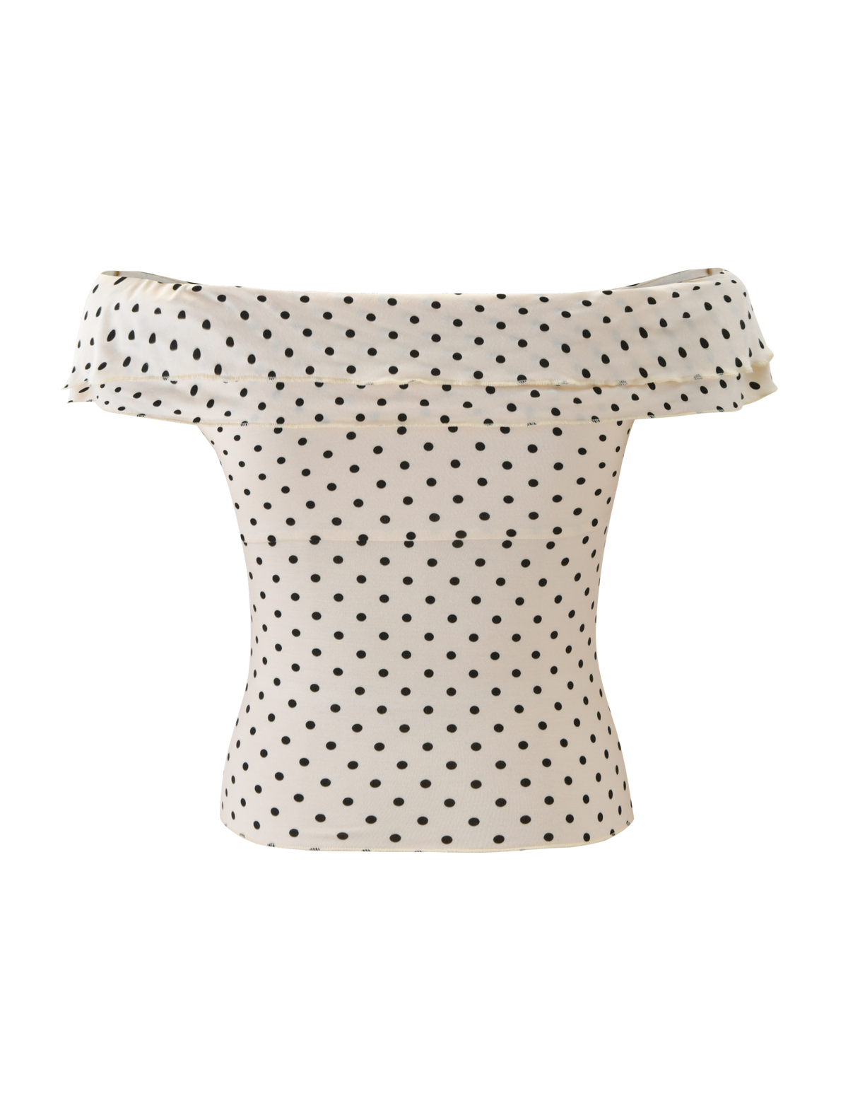 The DENALI TOP - CREAM DOT by TIGERMIST features an off-shoulder, wide neckline design and all-over small black polka dots. Its fitted, slightly stretchy fabric flatters the figure, making this top a chic and playful addition to your look.