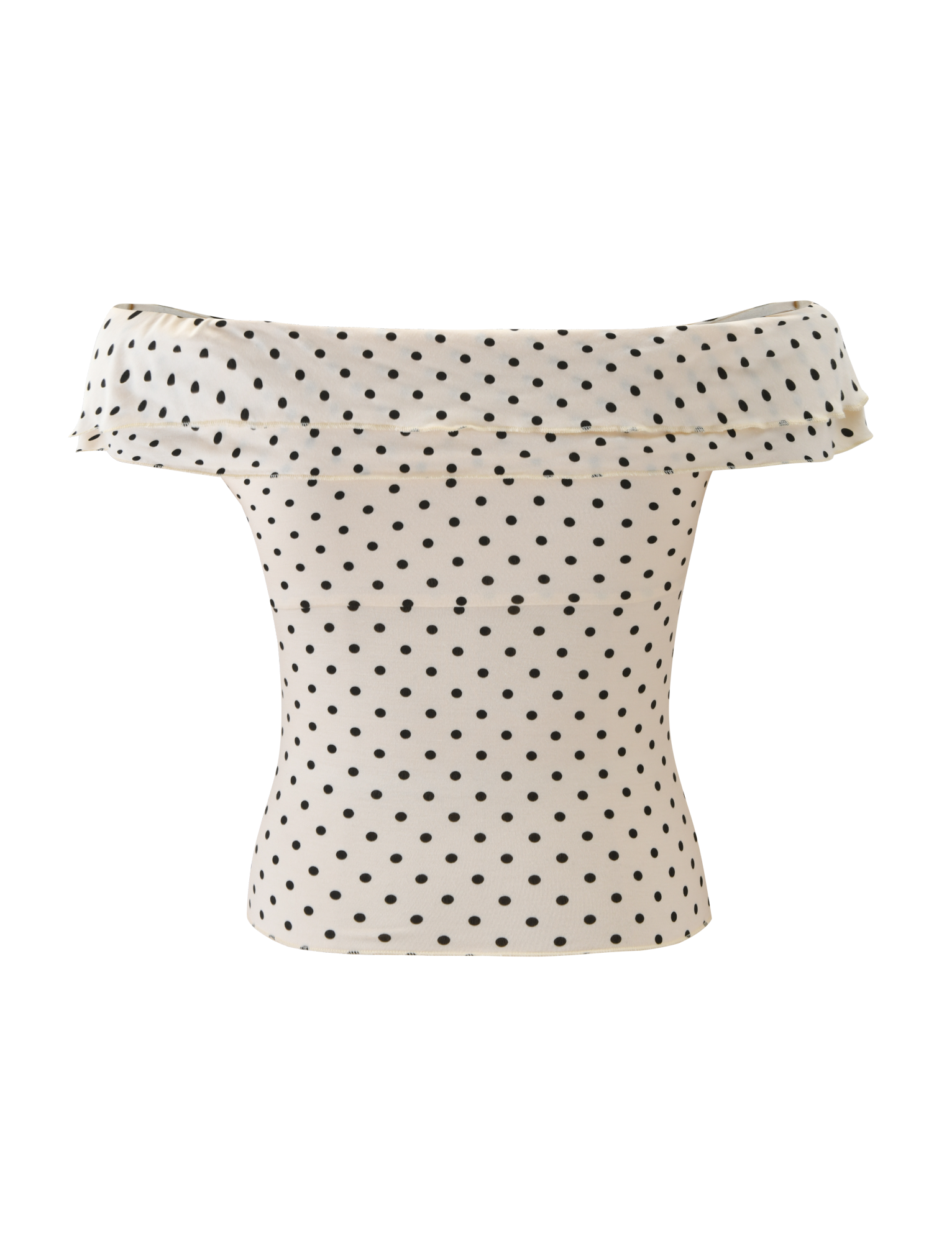 The DENALI TOP - CREAM DOT by TIGERMIST features an off-shoulder, wide neckline design and all-over small black polka dots. Its fitted, slightly stretchy fabric flatters the figure, making this top a chic and playful addition to your look.