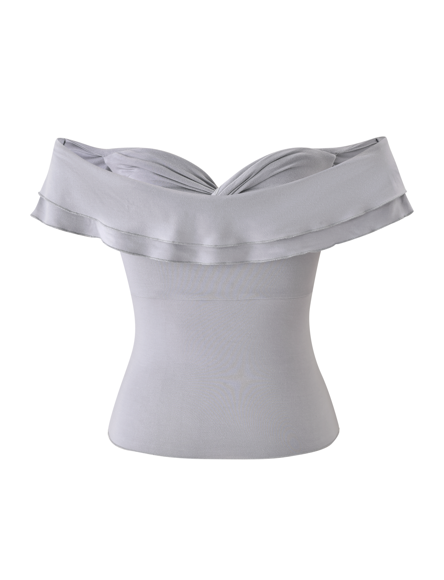 The DENALI TOP - DOVE GREY by TIGERMIST is a light grey women’s off-the-shoulder top with ruffled sleeves, a draped wide neckline, fitted waist, and soft modal fabric, shown on a plain white background.