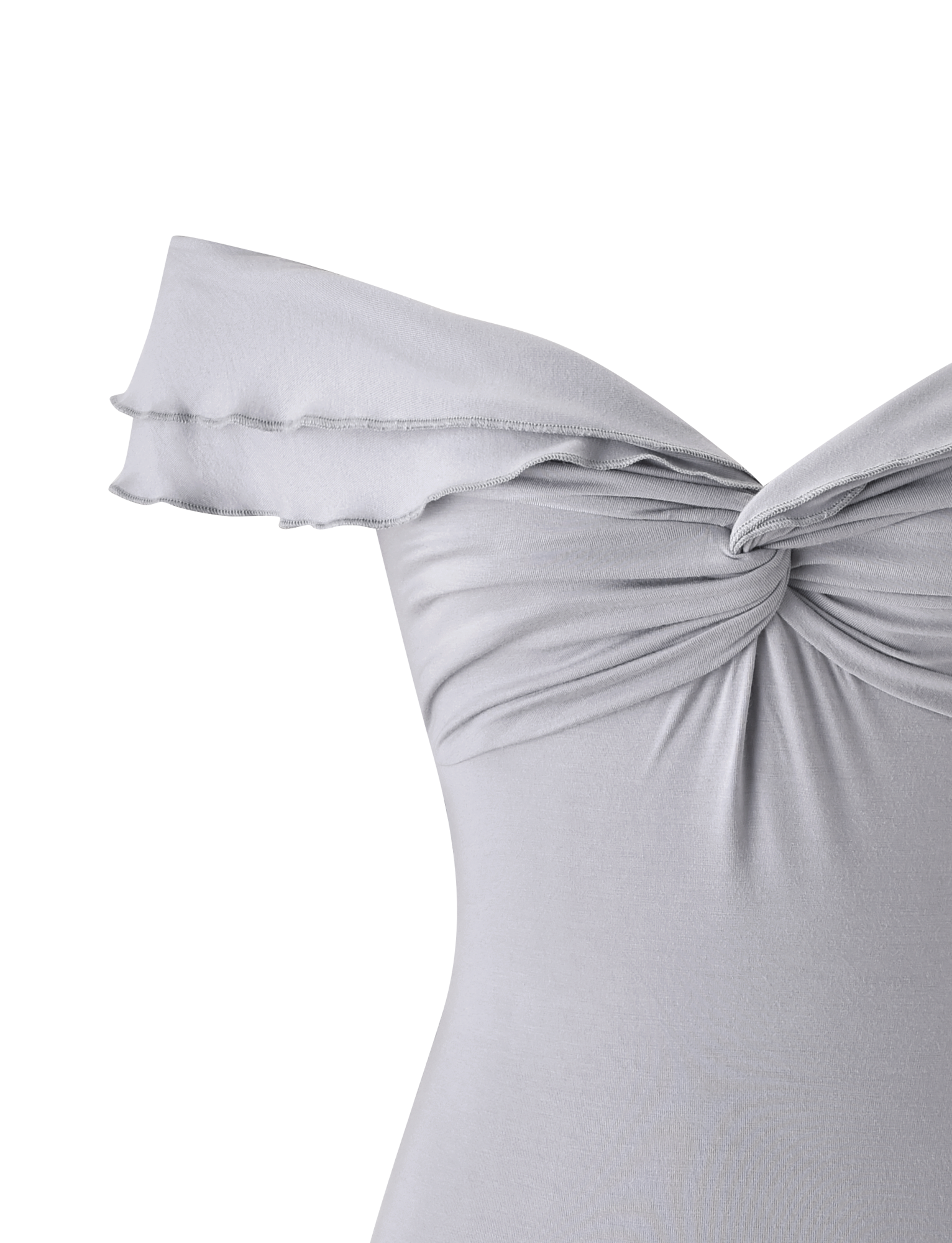 Close-up of the TIGERMIST DENALI TOP in Dove Grey, an off-shoulder style with a twisted knot at the bust and a ruffled, folded neckline. Made from soft, slightly stretchy modal fabric for comfort.