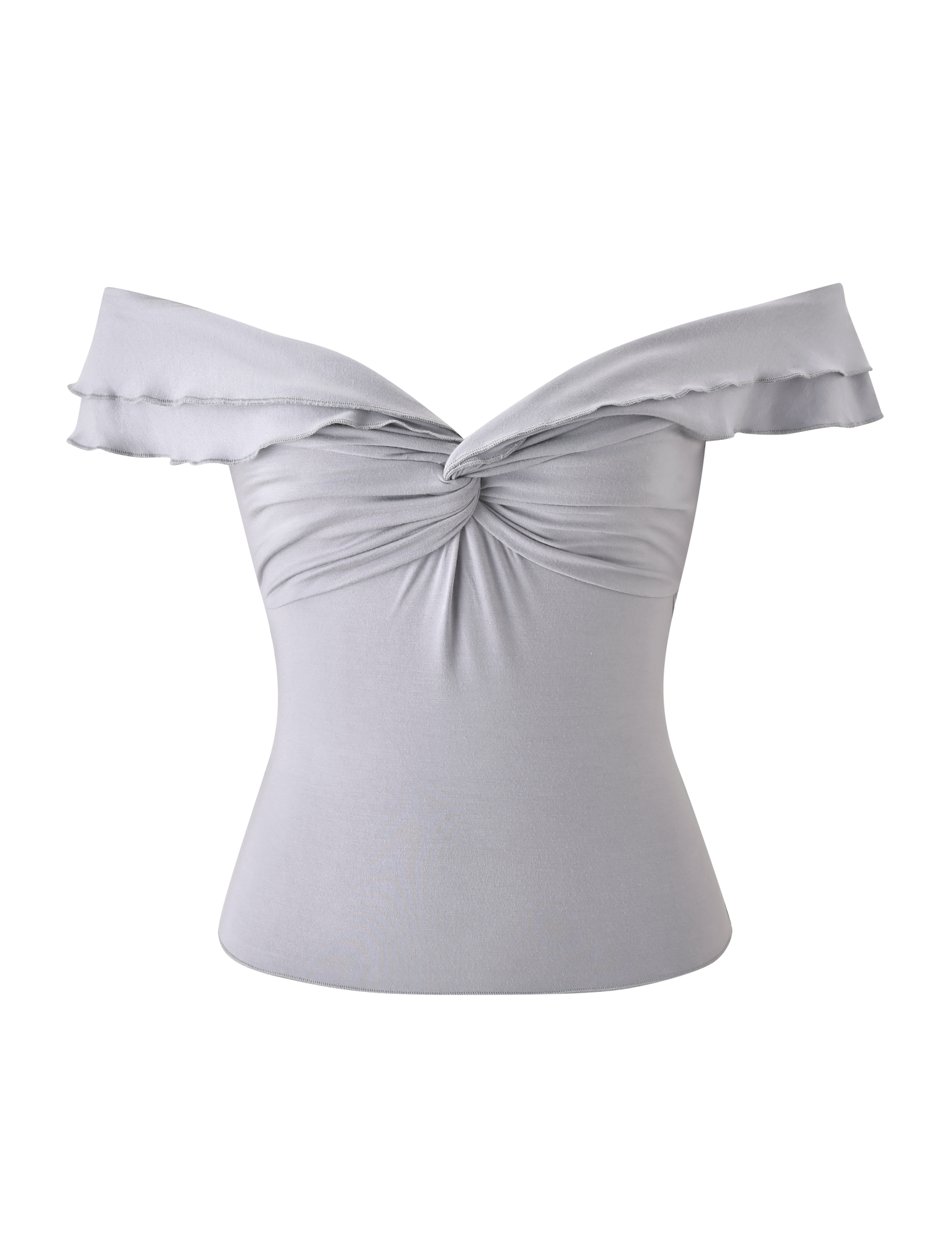 The DENALI TOP by TIGERMIST in dove grey is an off-the-shoulder style made from soft modal, featuring a twisted front knot and ruffled sleeves, shown against a plain white background.