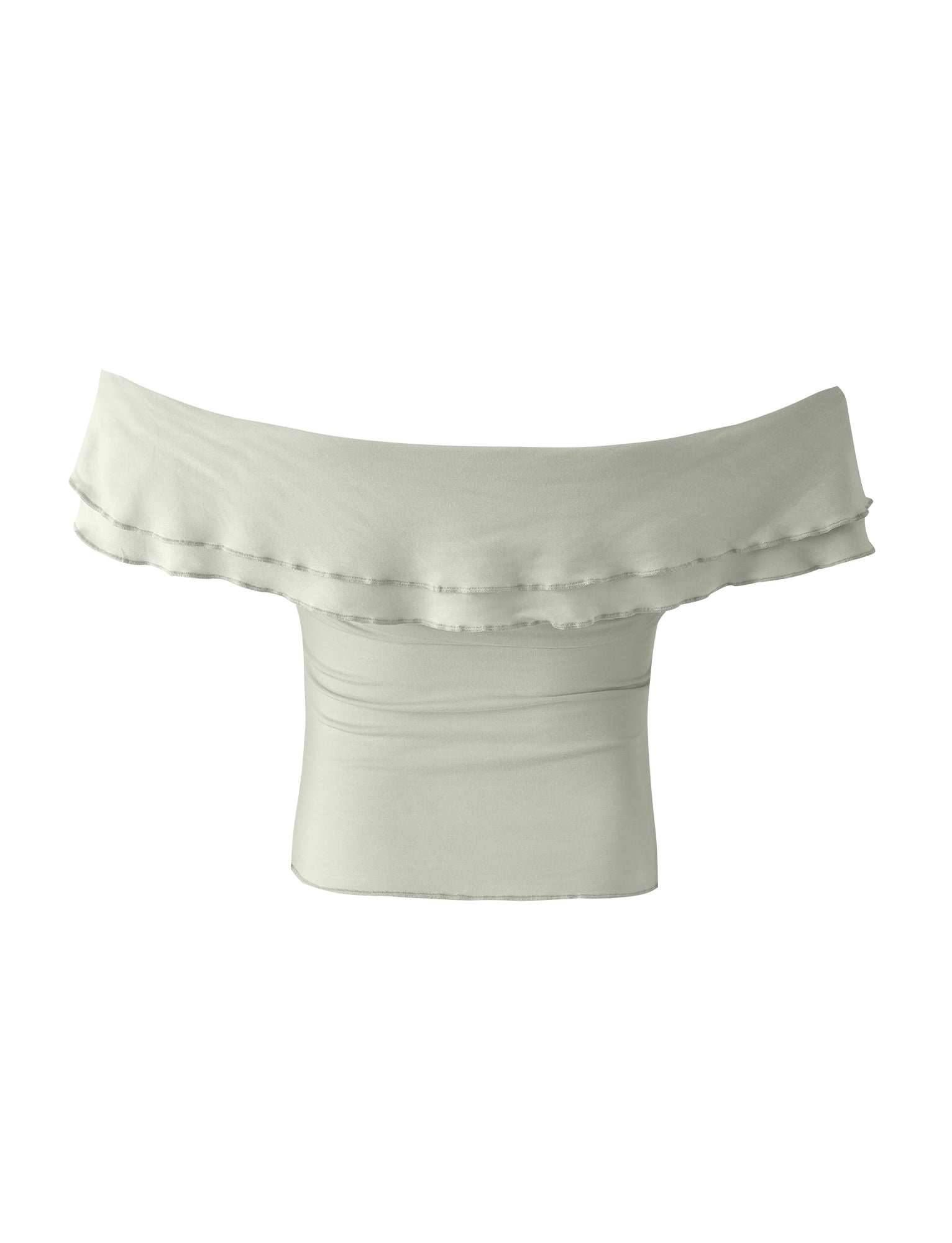 The DENALI TOP - GREEN in sage green from TIGERMIST is an off-the-shoulder crop top featuring a ruffled neckline. Fitted around the bust and waist, this design provides a simple yet elegant look, making it perfect for both casual and semi-formal occasions.