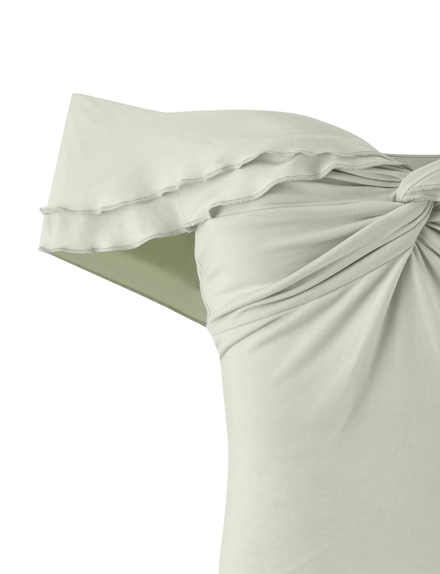 A sage green off-the-shoulder DENALI TOP - GREEN by TIGERMIST is shown with a knotted detail and ruffled edge on the neckline. The soft fabric appears smooth and comfortable, making it perfect for casual wear.