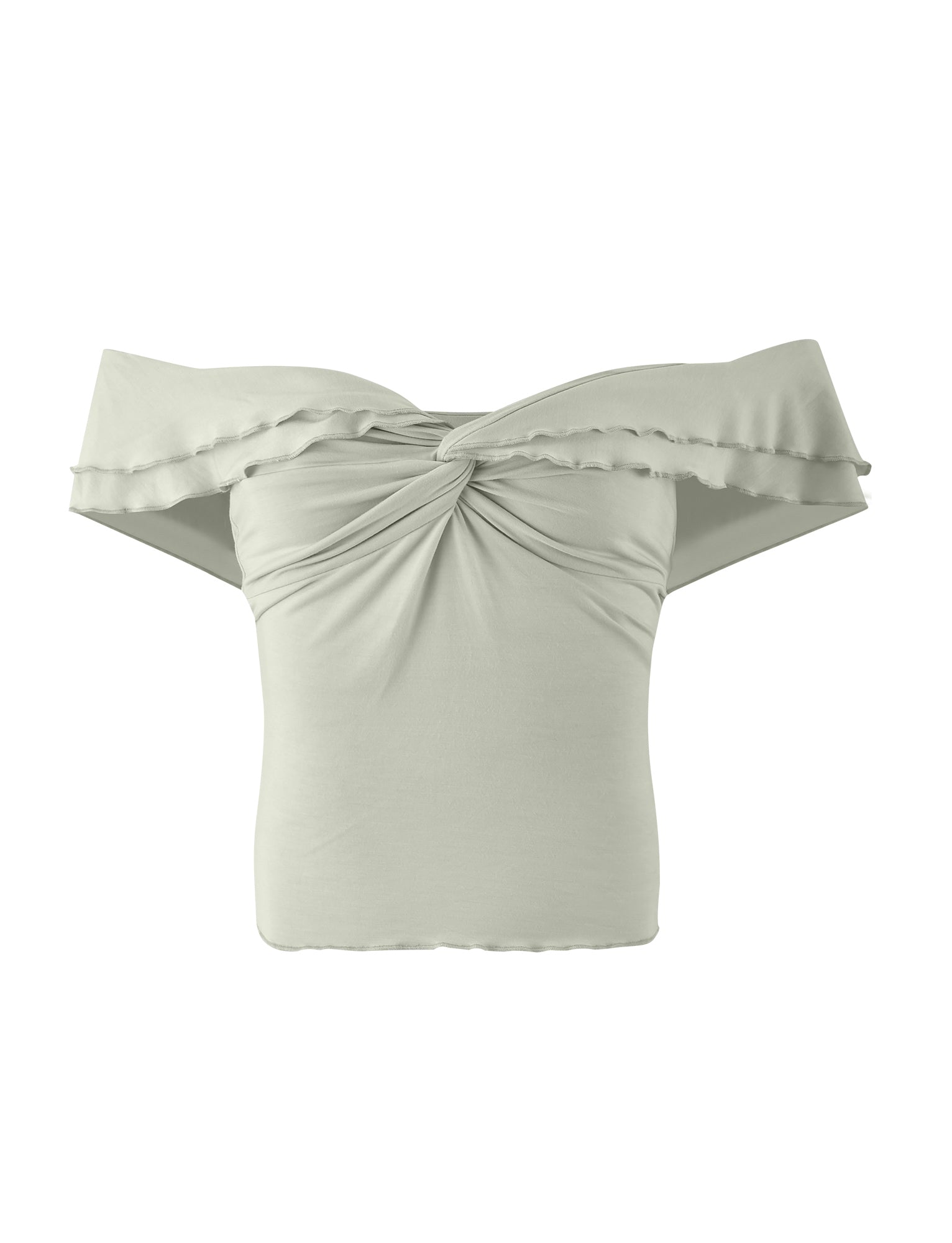 Sage green off-the-shoulder top by Tigermist, called the Denali Top, featuring an elegant twist knot detail at the front and a ruffled overlay neckline that drapes over the shoulders. The fabric appears soft and slightly stretchy, designed for a comfortable and stylish fit.