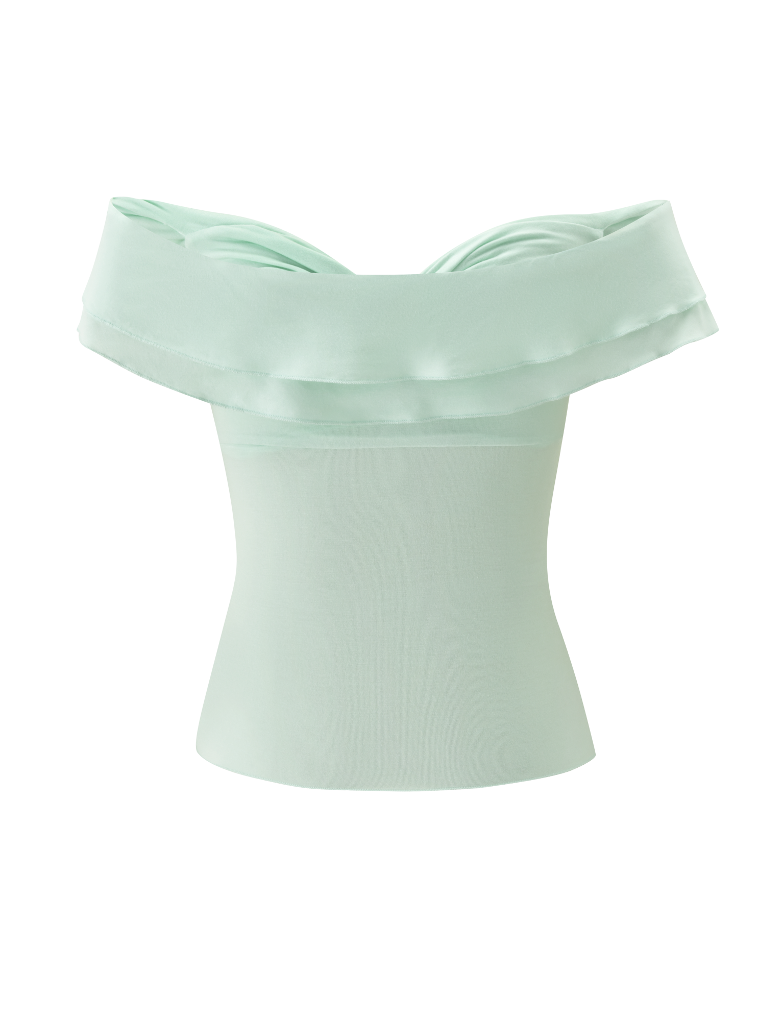 The TIGERMIST DENALI TOP in soft mint features an off-the-shoulder design with a ruffled fold-over neckline, delicate ruffled sleeves, and a fitted, slightly flared waist, crafted from soft modal fabric. Shown on a white background.