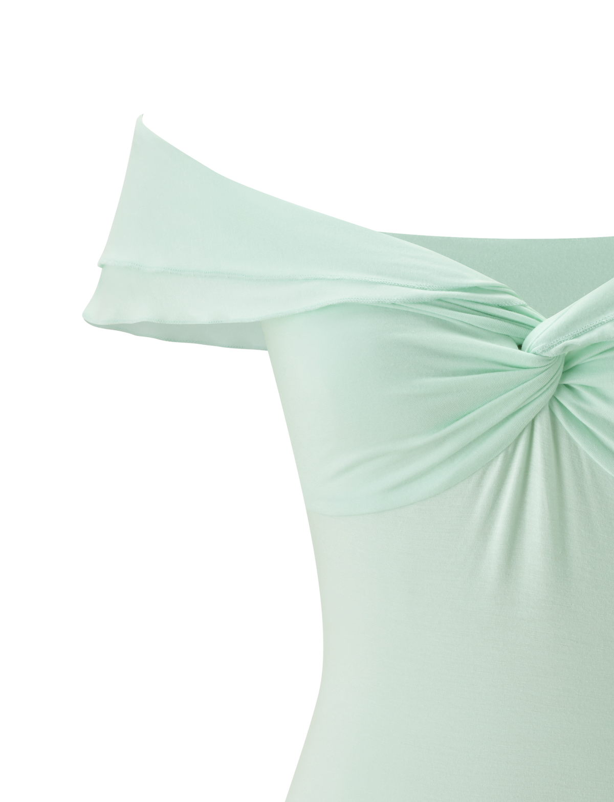 The TIGERMIST DENALI TOP in soft mint is an off-shoulder modal piece with a twisted knot neckline, shown on a white background focusing on the upper portion.