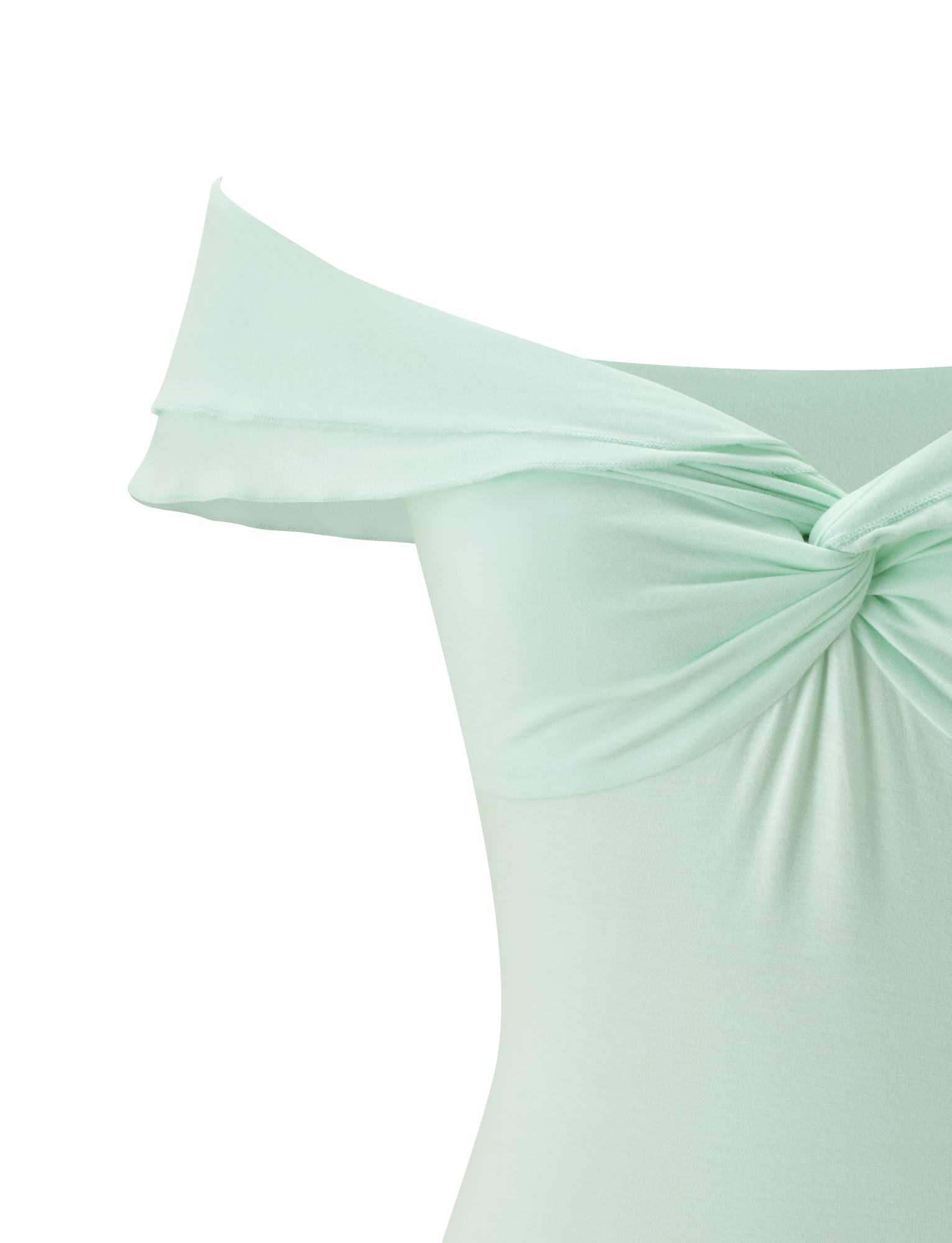 The TIGERMIST DENALI TOP in soft mint is an off-shoulder modal piece with a twisted knot neckline, shown on a white background focusing on the upper portion.