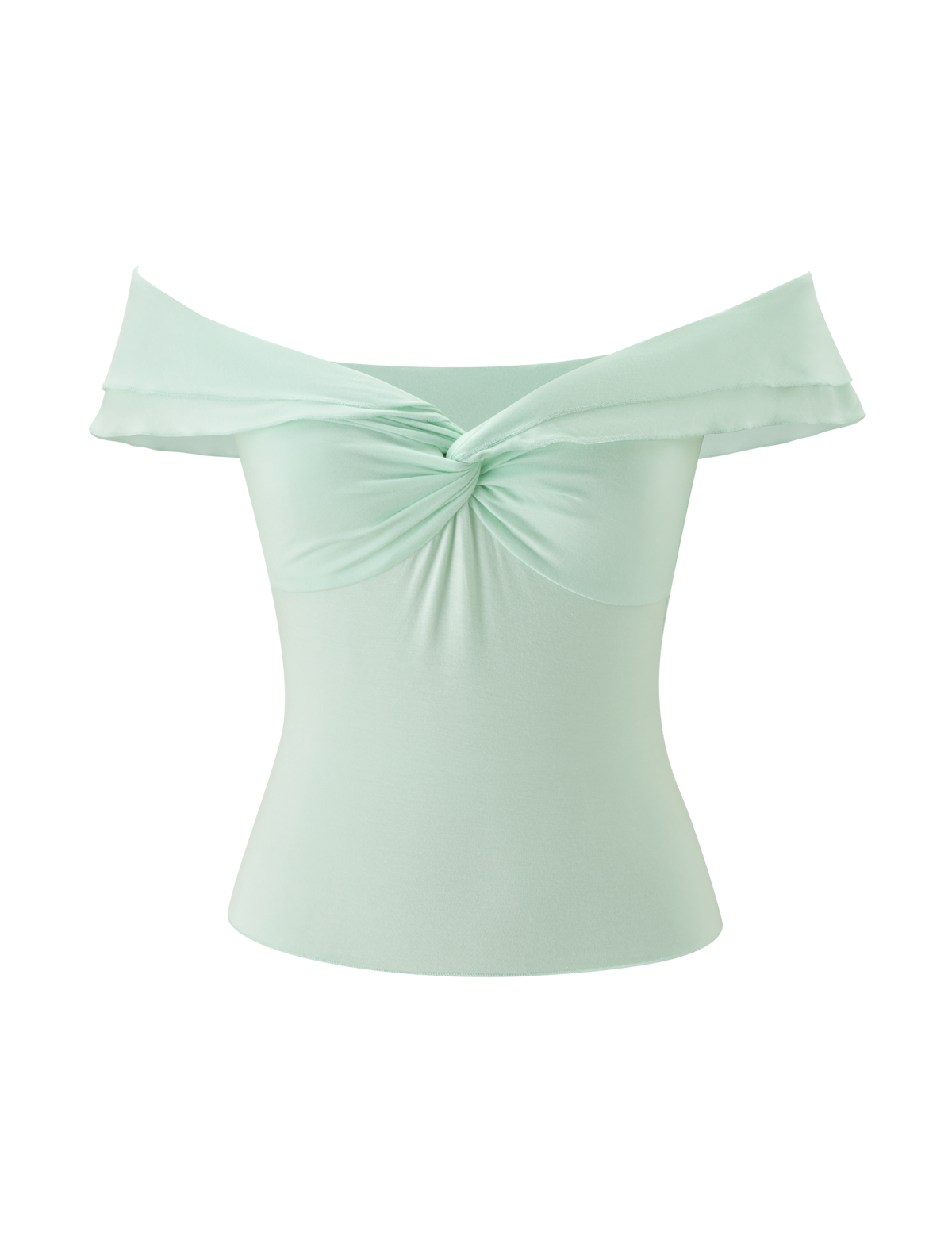 The DENALI TOP in Soft Mint by TIGERMIST is an off-the-shoulder modal top with a twisted knot front and a fitted silhouette, shown against a white background.