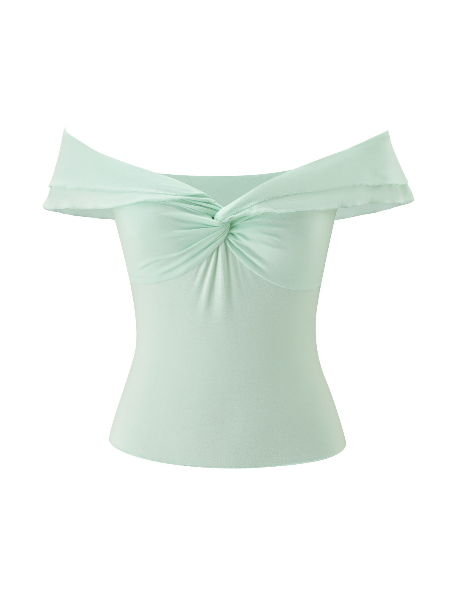 The DENALI TOP in Soft Mint by TIGERMIST is an off-the-shoulder modal top with a twisted knot front and a fitted silhouette, shown against a white background.