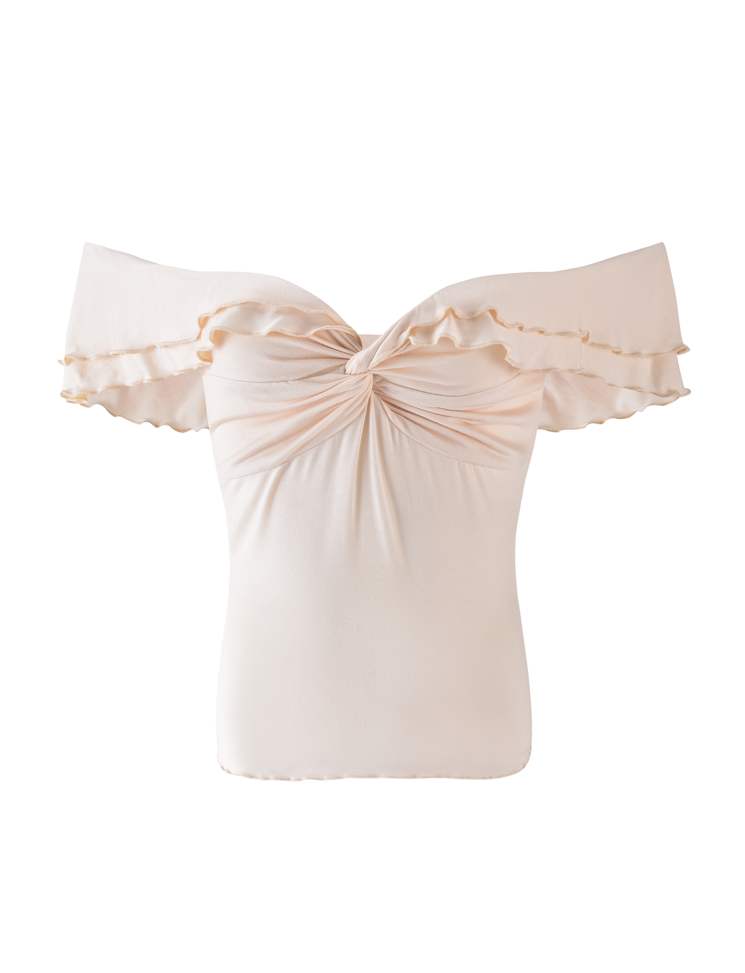 TIGERMIST DENALI TOP - NEUTRAL : BONE. Light beige off-shoulder top with ruffled wide sleeves, a twisted knot at the bust, and a flattering sweetheart neckline, shown on a white background.