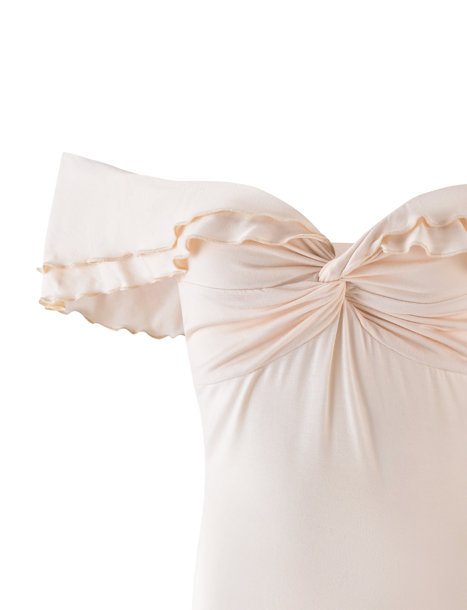 A close-up of the TIGERMIST DENALI TOP in Neutral: Bone, featuring ruffled off-shoulder sleeves and a twisted knot sweetheart neckline, displayed against a white background.