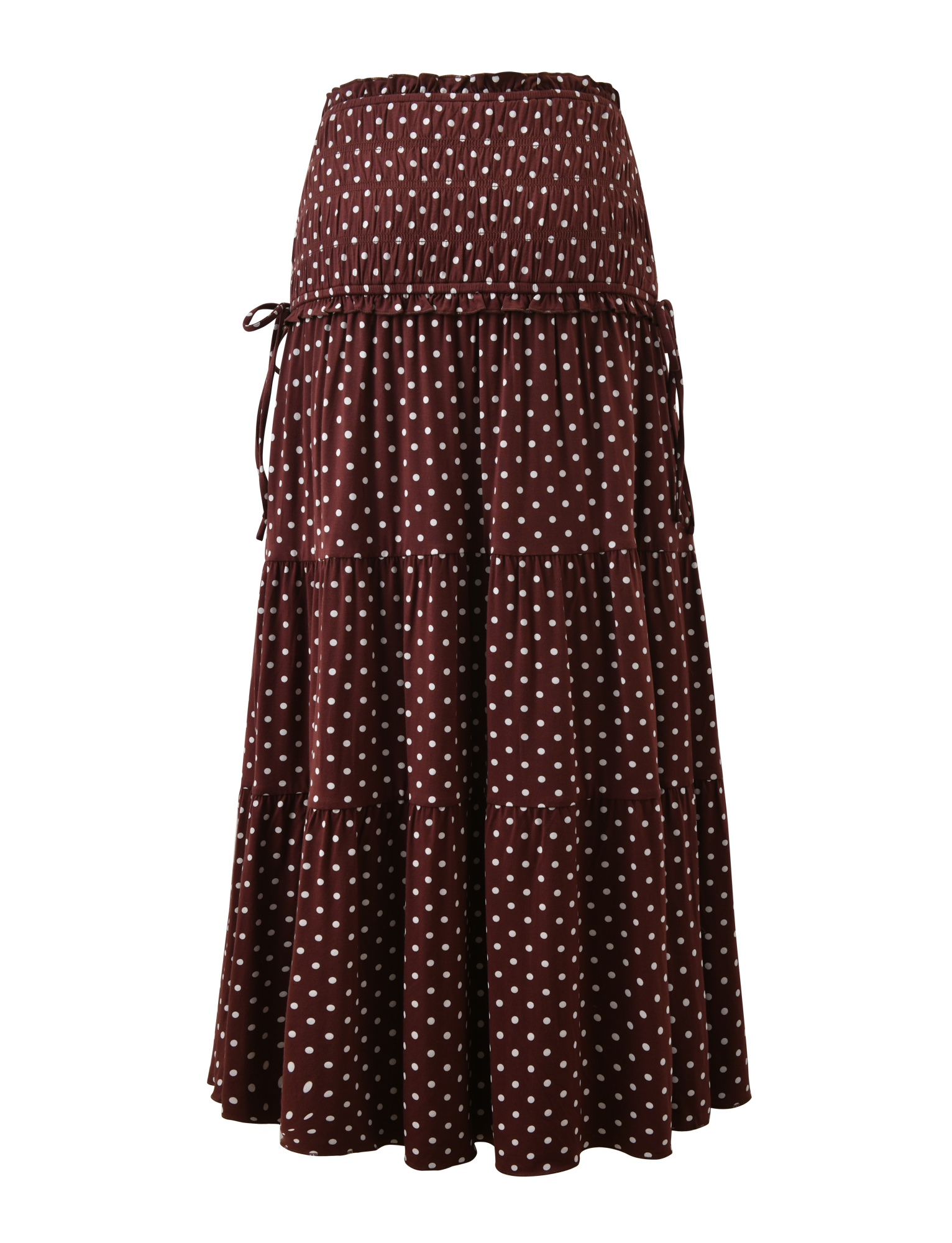 The TIGERMIST DENALI MAXI SKIRT - BROWN DOT is a long polka dot skirt with tiered layers and a drawstring waist, displayed on a plain white background.